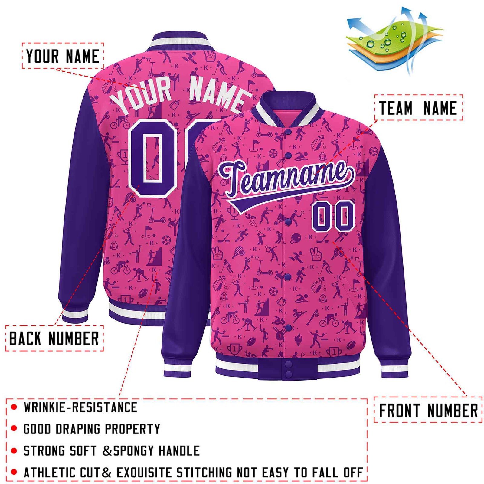 Custom Pink Purple Graffiti Pattern Varsity Raglan Sleeves Letterman Baseball Jacket