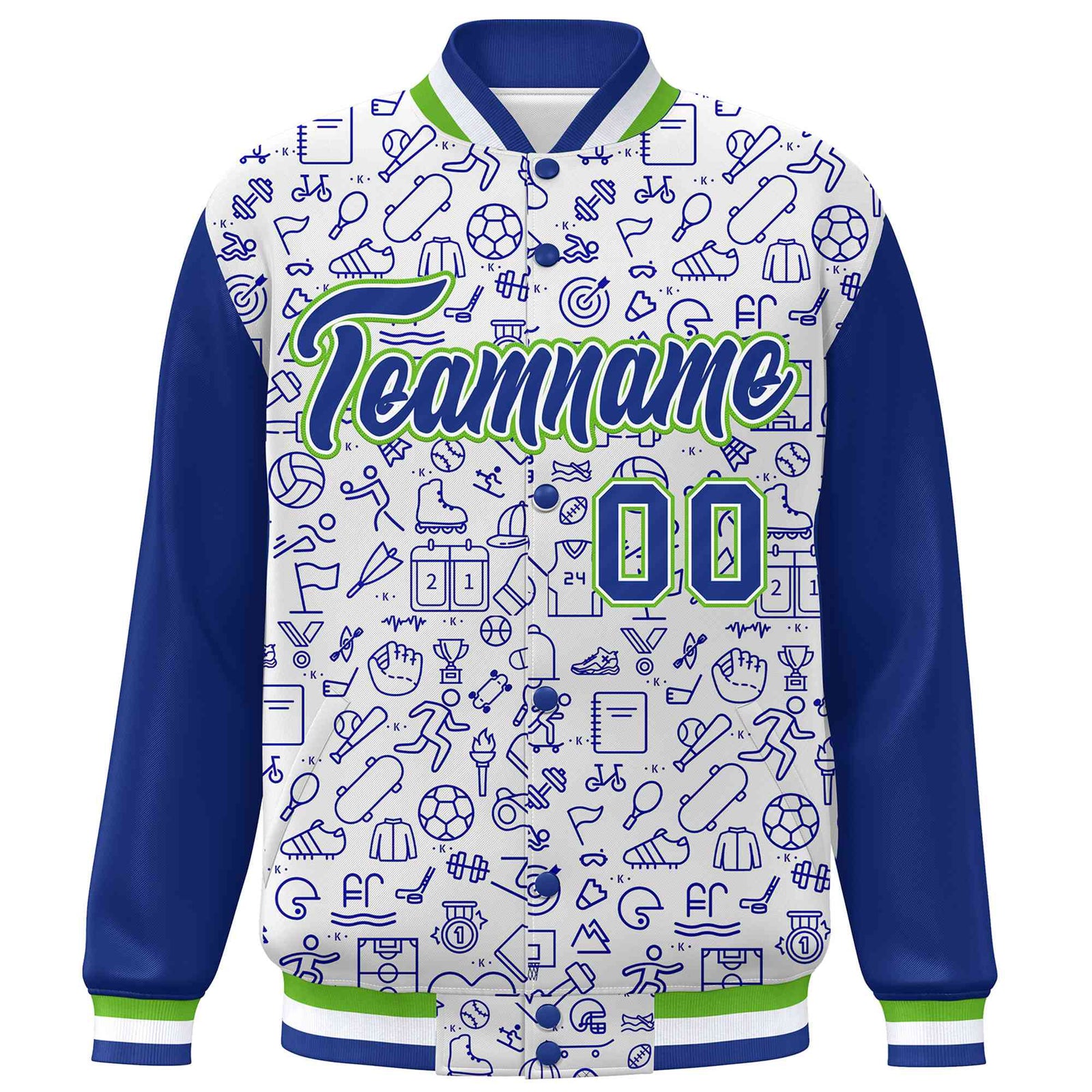 Custom White Royal Line Graffiti Pattern Varsity Raglan Sleeves Letterman Baseball Jacket