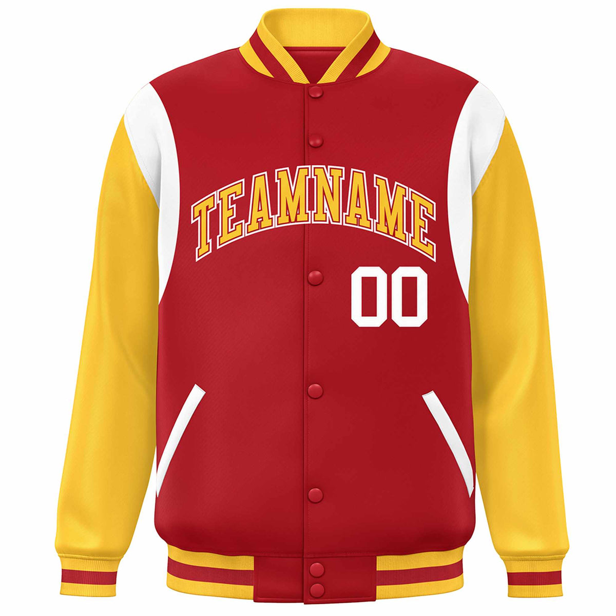 Custom Red Yellow-White Color Block Bomber Varsity Full-Snap Baseball Jacket