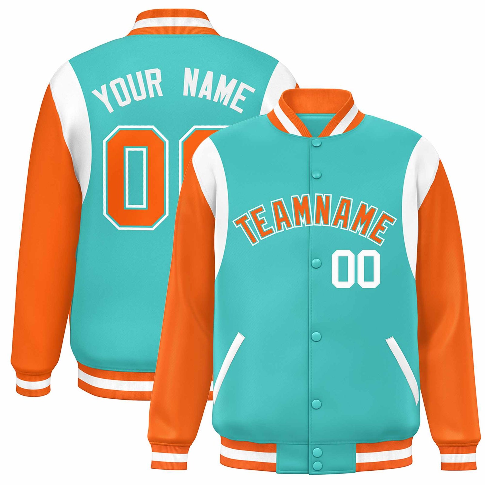 Custom Aqua Orange-White Color Block Bomber Varsity Full-Snap Baseball Jacket