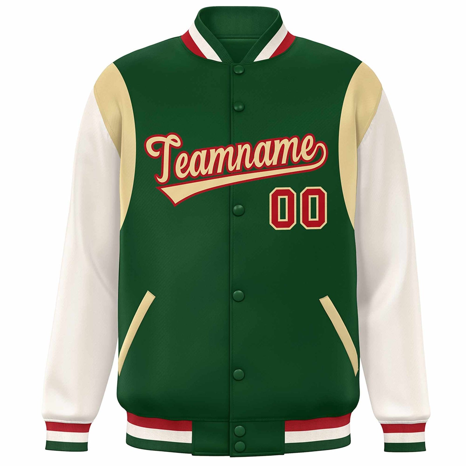 Custom Green Khaki-Red Color Block Bomber Varsity Full-Snap Baseball Jacket