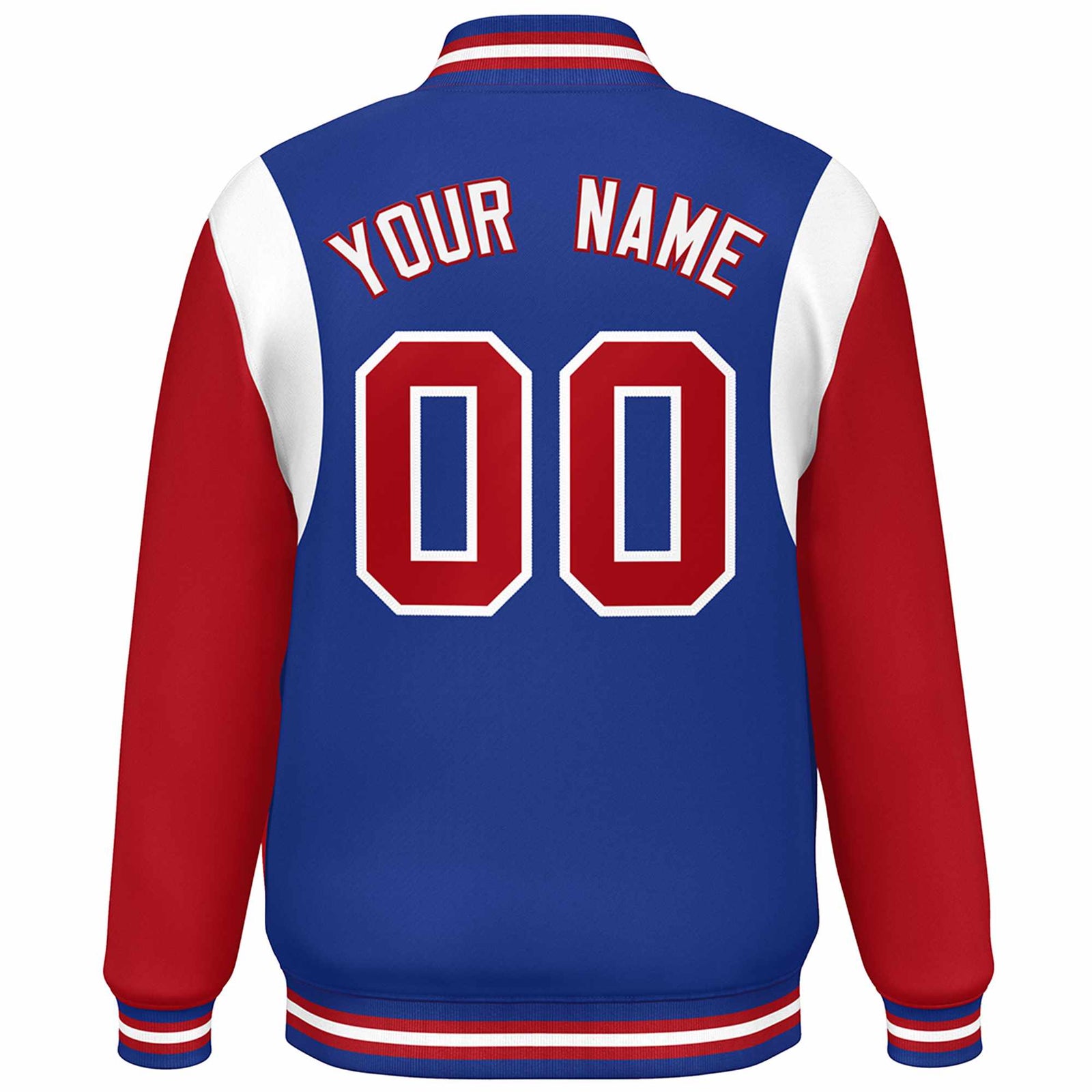 Custom Royal Red-White Color Block Bomber Varsity Full-Snap Baseball Jacket