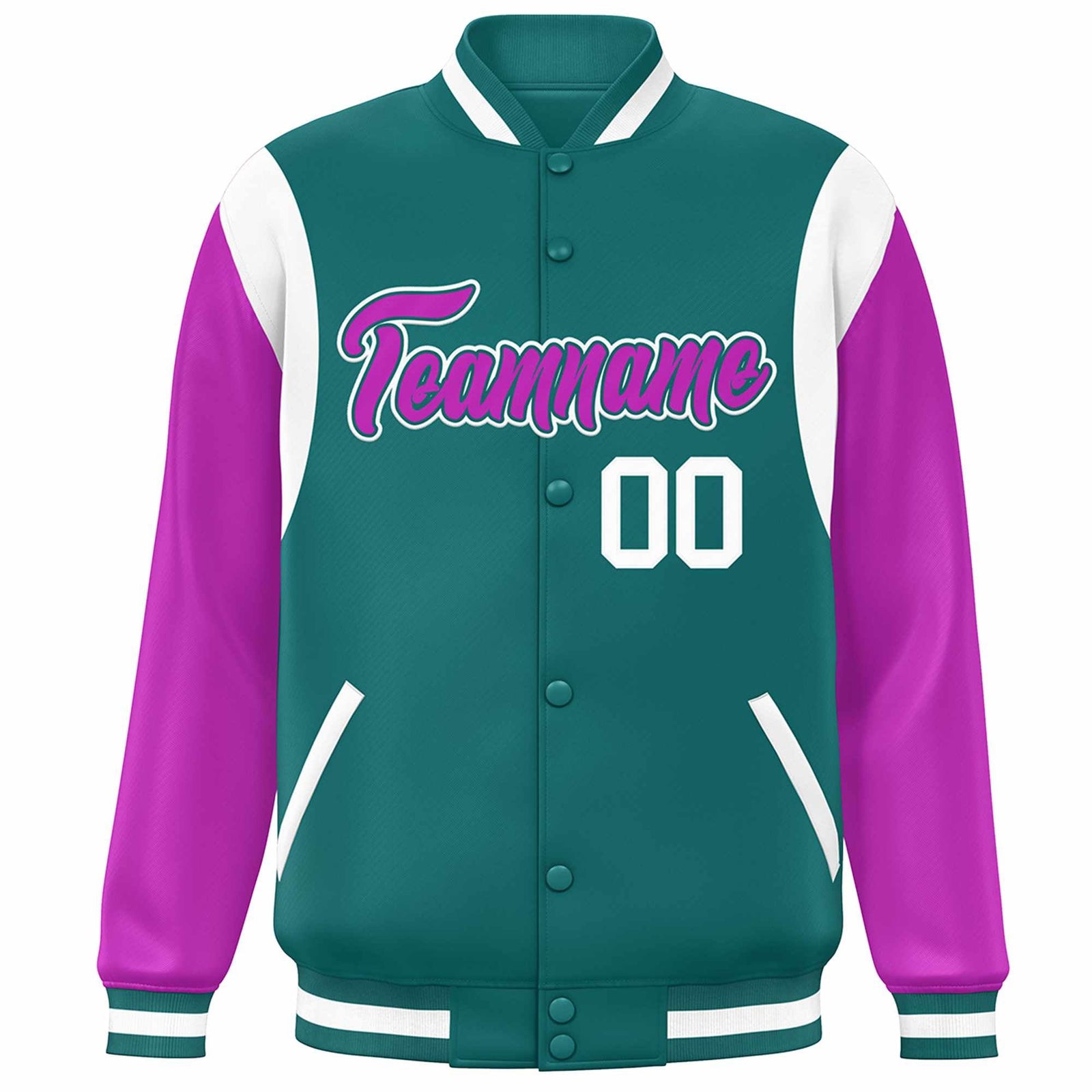 Custom Aqua Purple-White Color Block Bomber Varsity Full-Snap Baseball Jacket