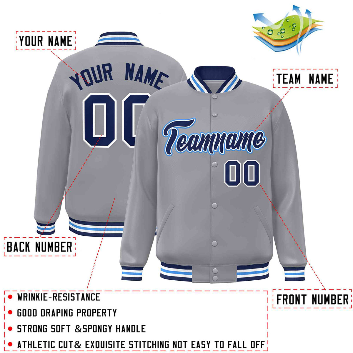 Custom Gray Navy-White Classic Style Varsity Full-Snap Letterman Jacket