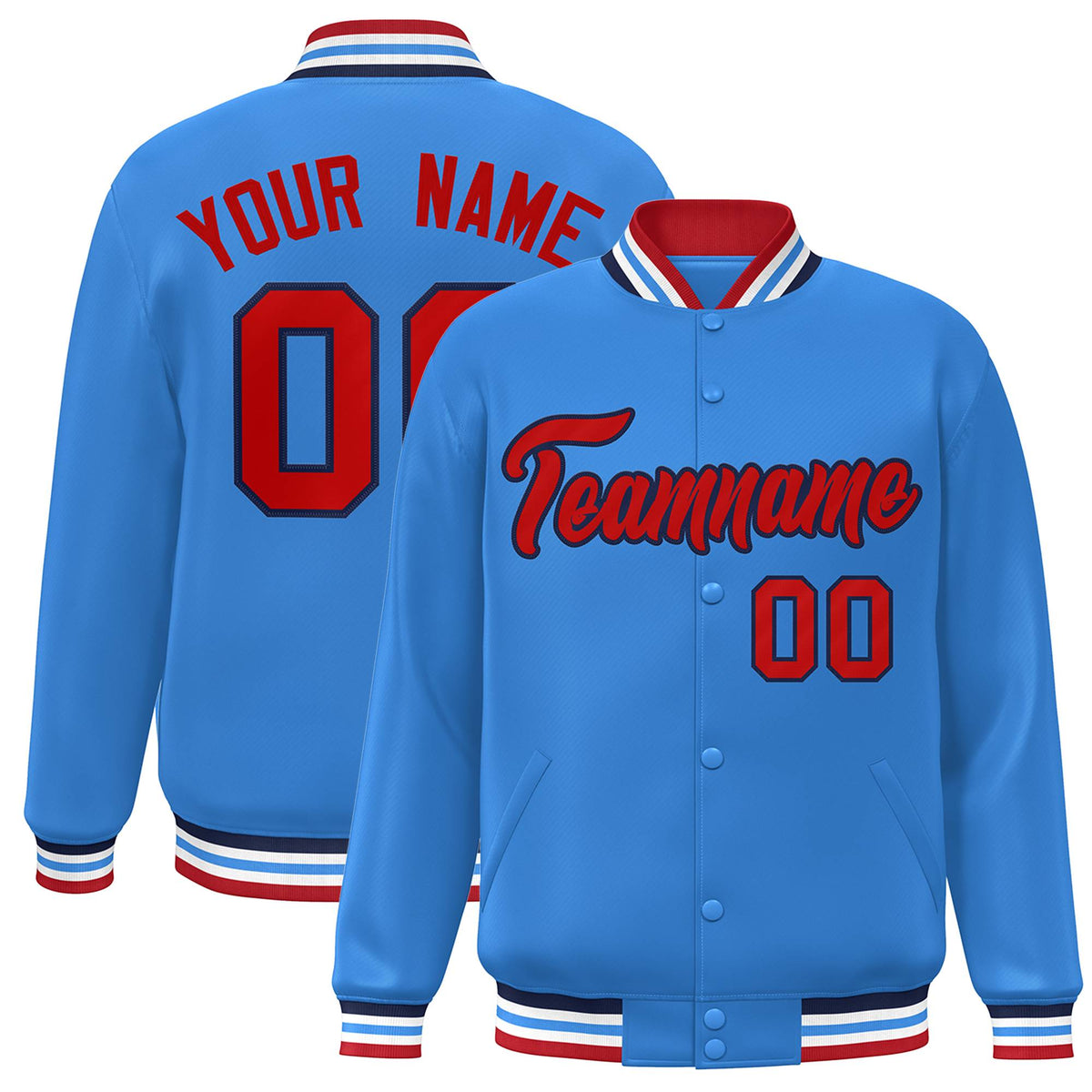 Custom Powder Blue Red-Navy Classic Style Varsity Full-Snap Letterman Jacket