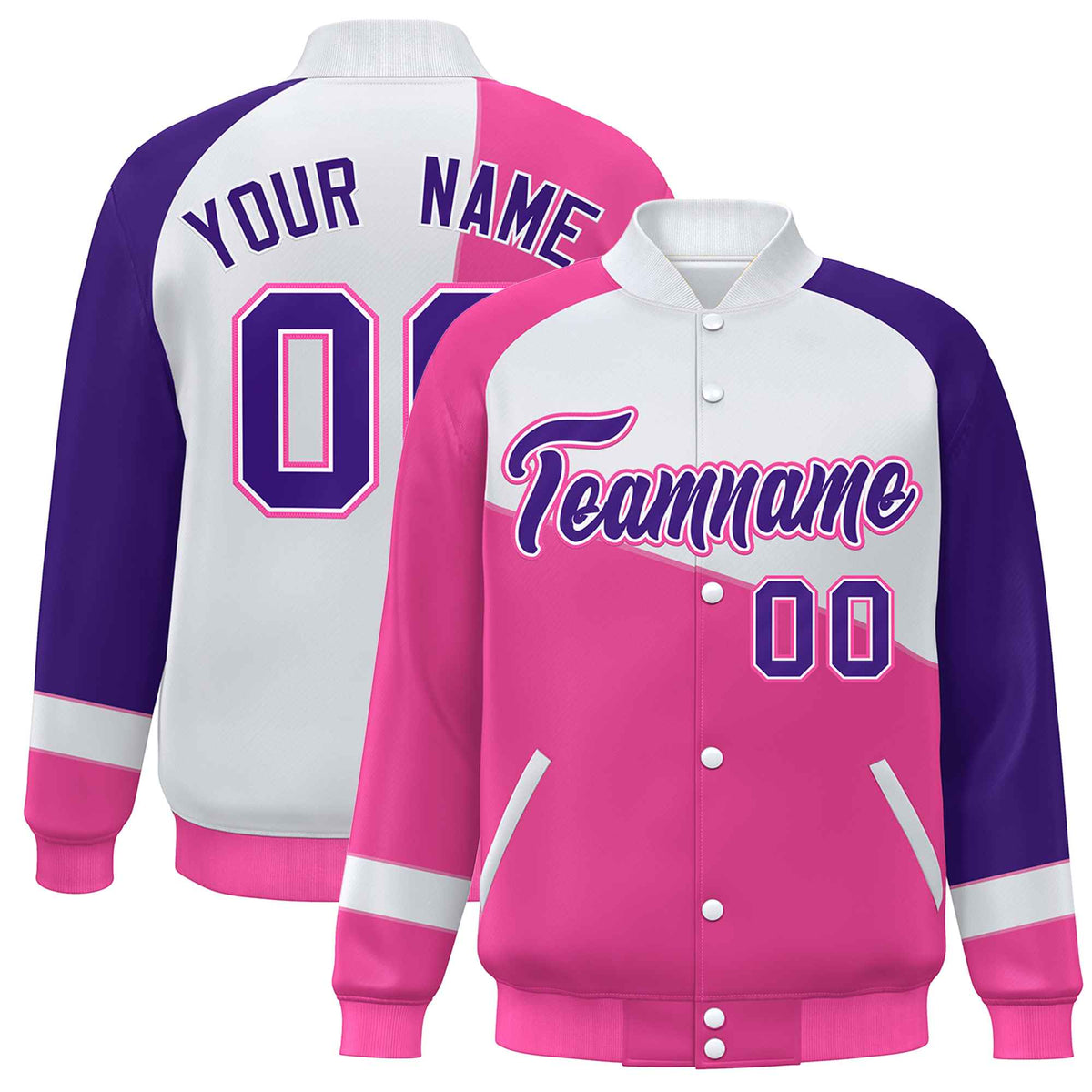 Custom Pink White-Purple Color Block Bomber Varsity Full-Snap Baseball Jacket