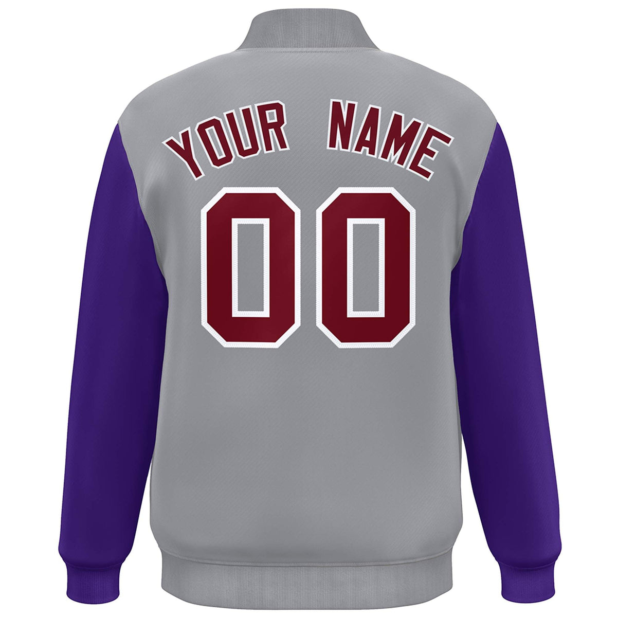 Custom Gray Purple-Crimson Color Block Varsity Full-Snap Bomber Jacket