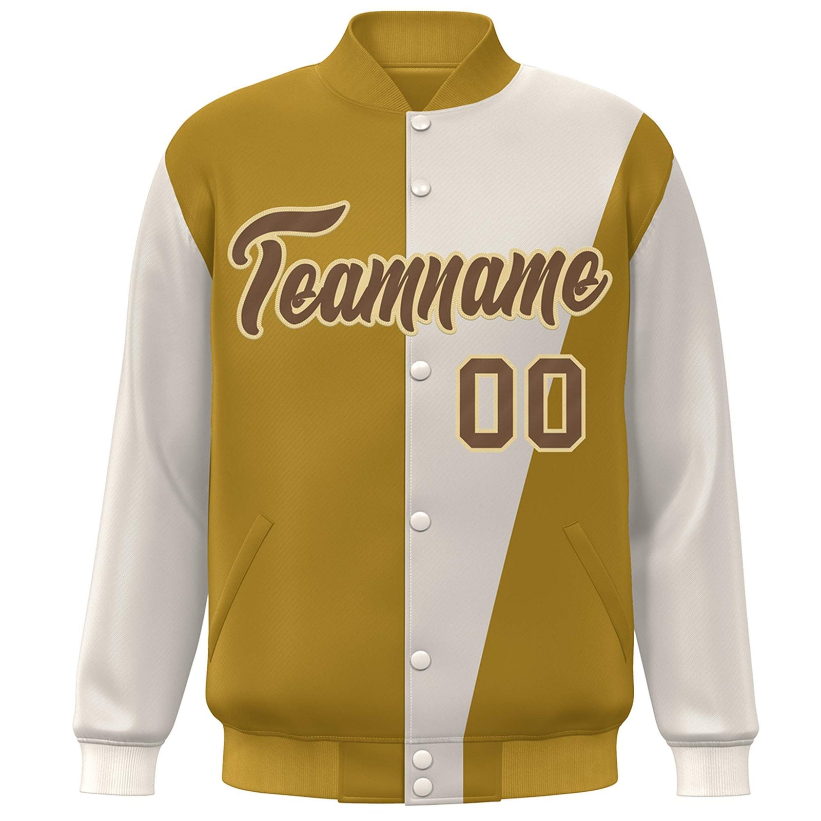 Custom Khaki Old Gold-Brown Color Block Varsity Full-Snap Bomber Jacket