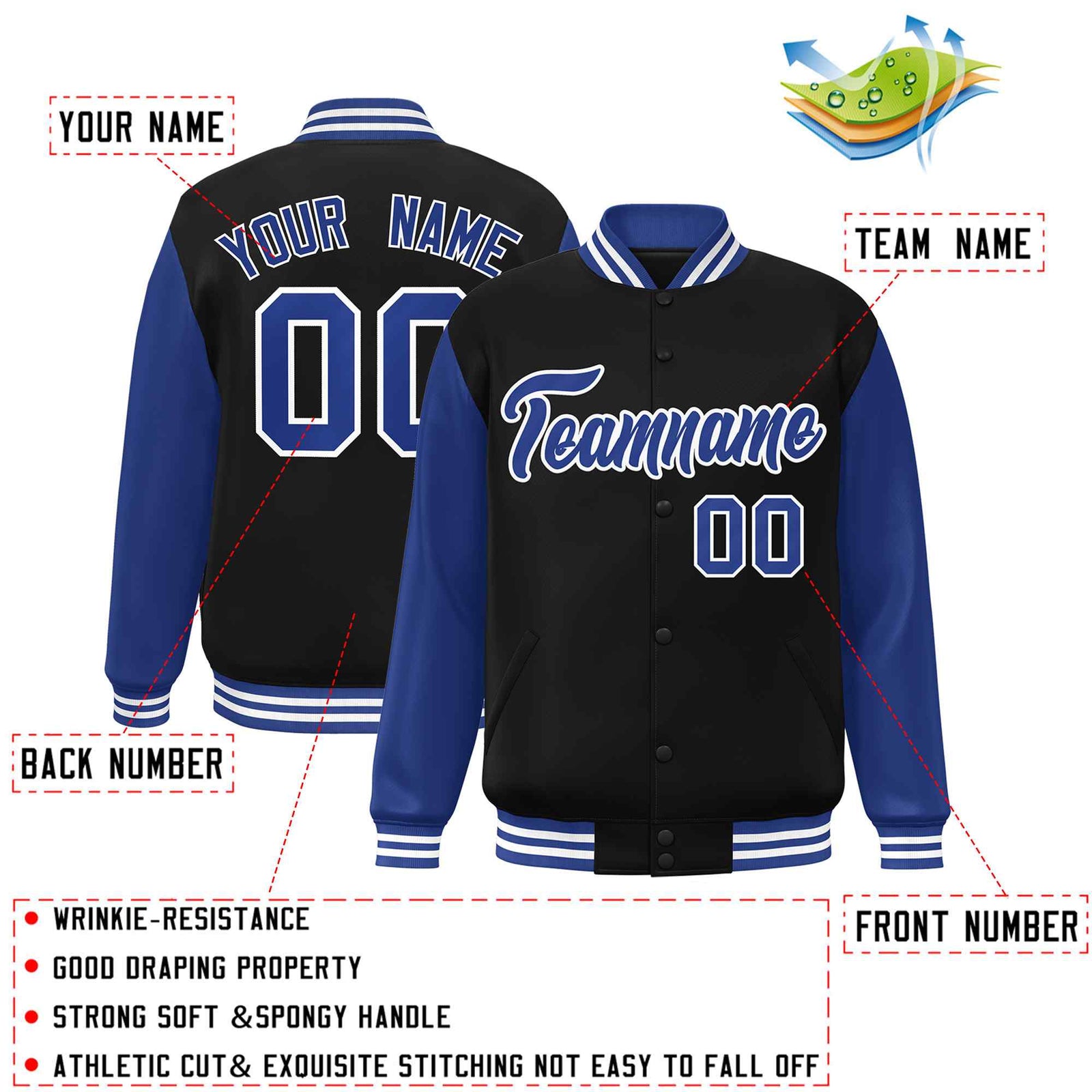 Custom Black Royal-White Raglan Sleeves Varsity Full-Snap Letterman Jacket
