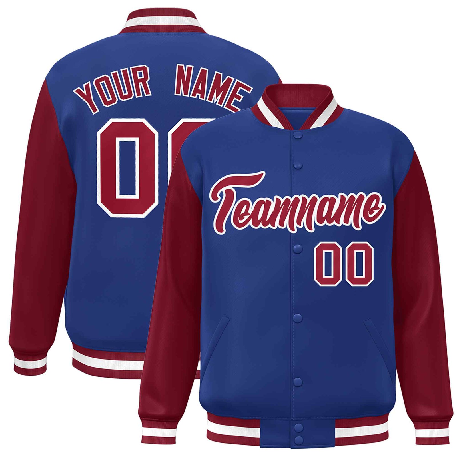 Custom Royal Crimson-White Raglan Sleeves Varsity Full-Snap Letterman Jacket