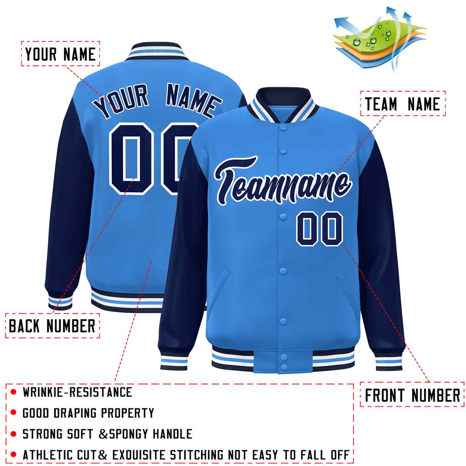 Custom Powder Blue Navy-White Raglan Sleeves Varsity Full-Snap Letterman Jacket
