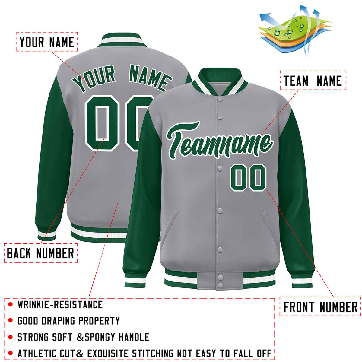 Custom Gray Green-White Raglan Sleeves Varsity Full-Snap Letterman Jacket