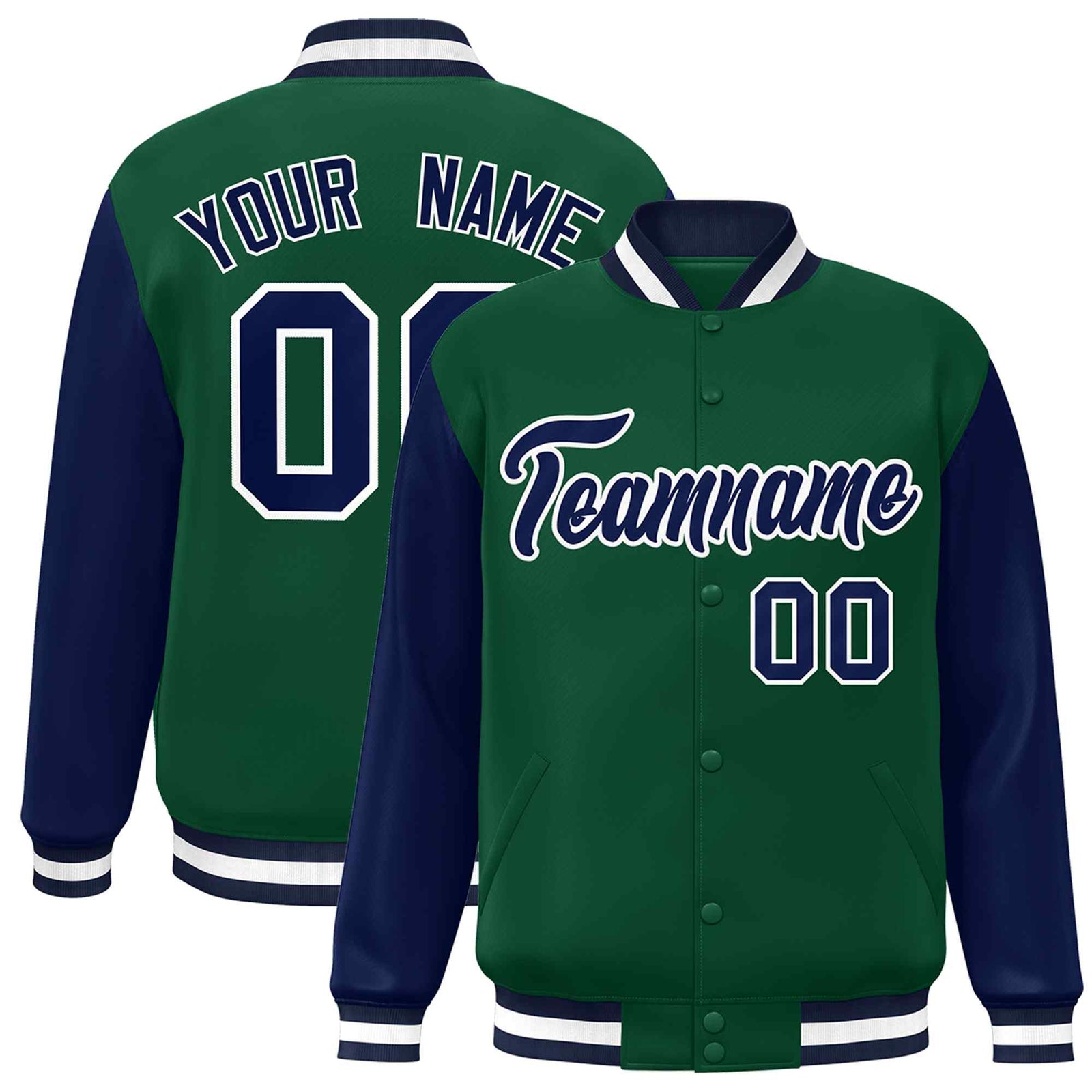 Custom Green Navy-White Raglan Sleeves Varsity Full-Snap Letterman Jacket