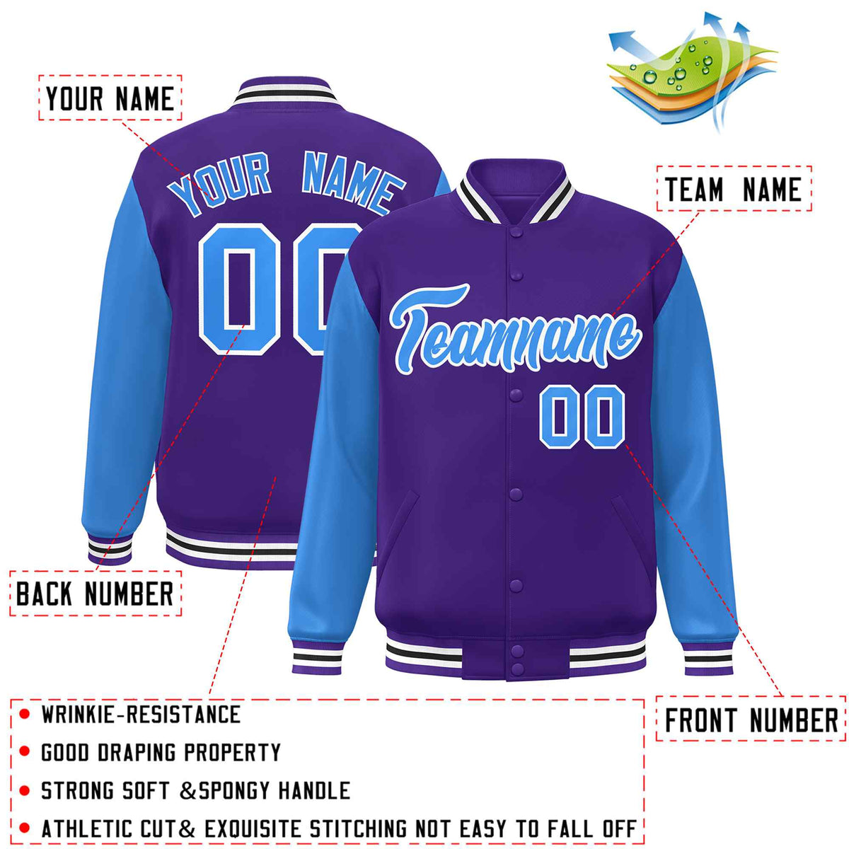 Custom Purple Powder Blue-White Raglan Sleeves Varsity Full-Snap Letterman Jacket