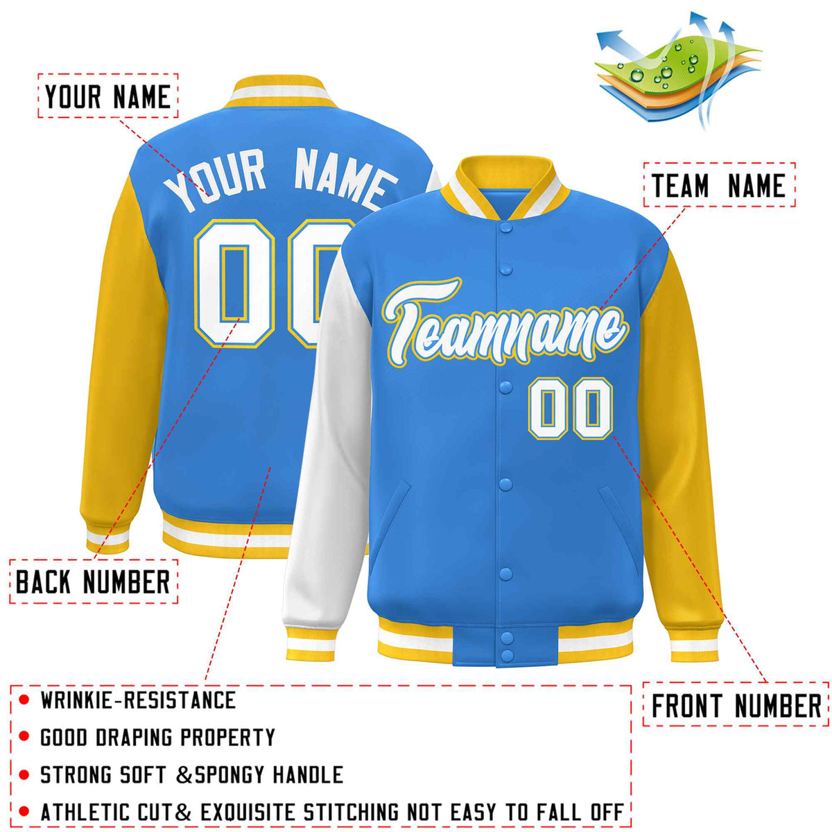Custom Powder Blue White-Powder Blue Raglan Sleeves Varsity Full-Snap Letterman Jacket