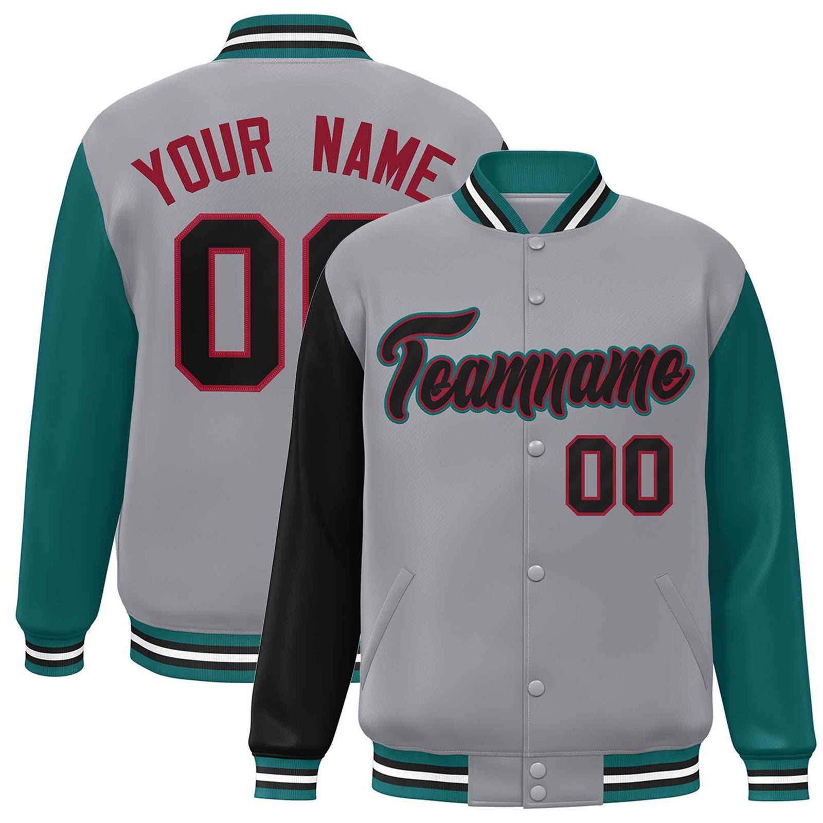 Custom Gray Black-Crimson Raglan Sleeves Varsity Full-Snap Letterman Jacket