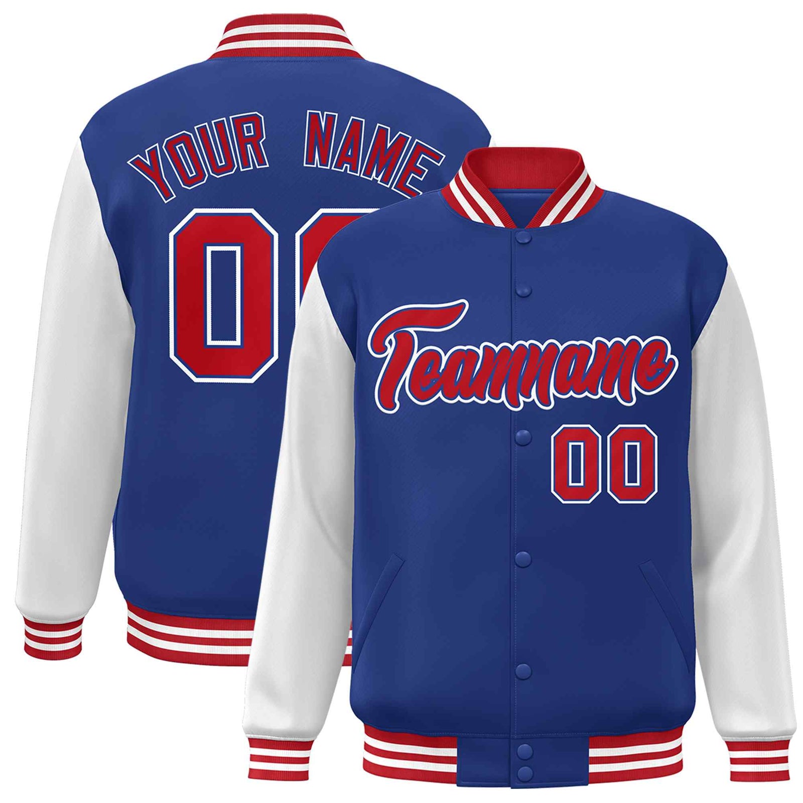 Custom Royal Red-Royal Raglan Sleeves Varsity Full-Snap Letterman Jacket