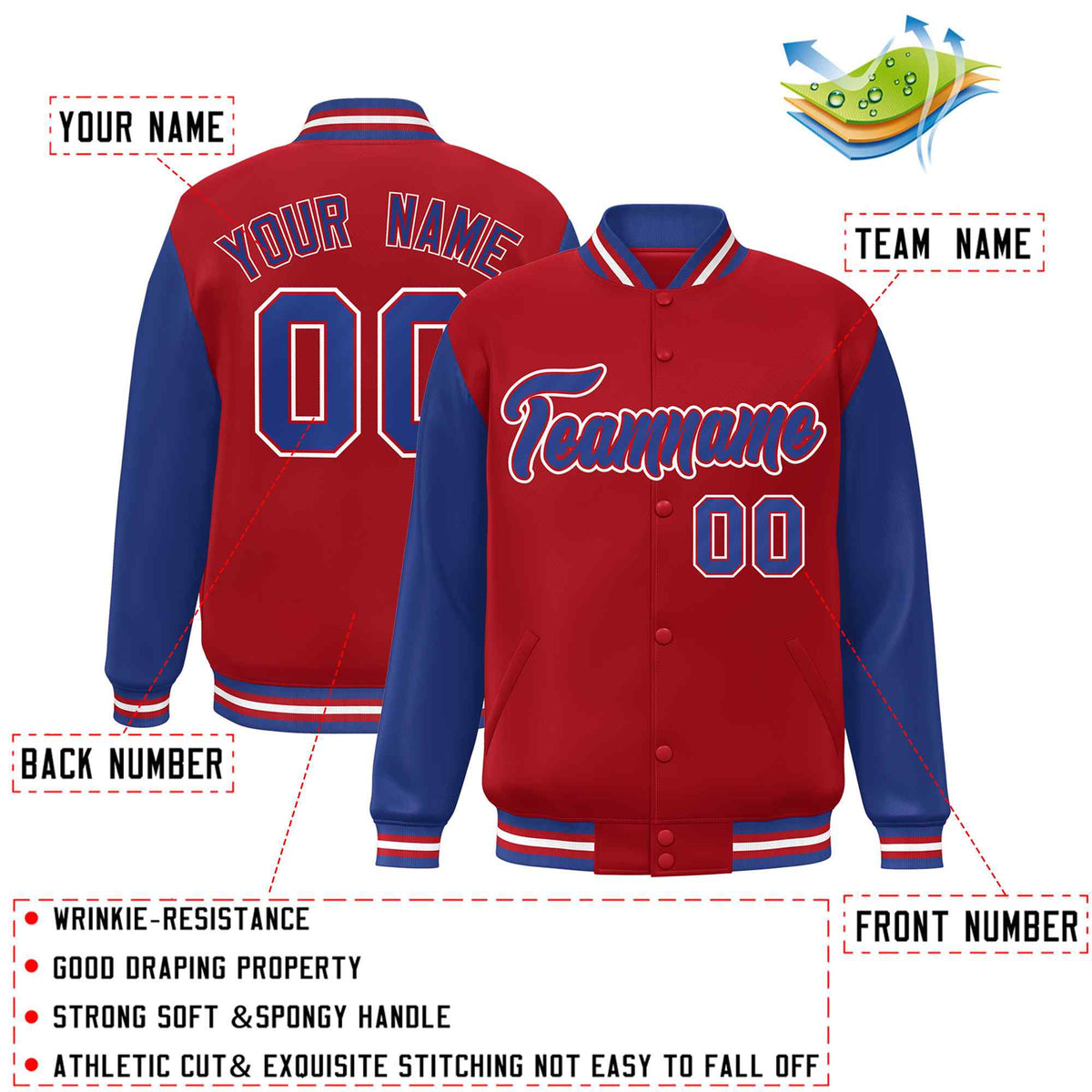 Custom Red Royal-Red Raglan Sleeves Varsity Full-Snap Letterman Jacket