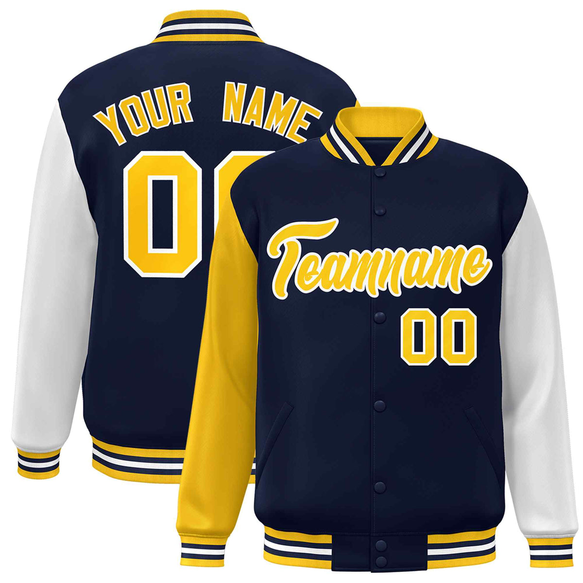 Custom Navy Gold-White Raglan Sleeves Varsity Full-Snap Letterman Jacket