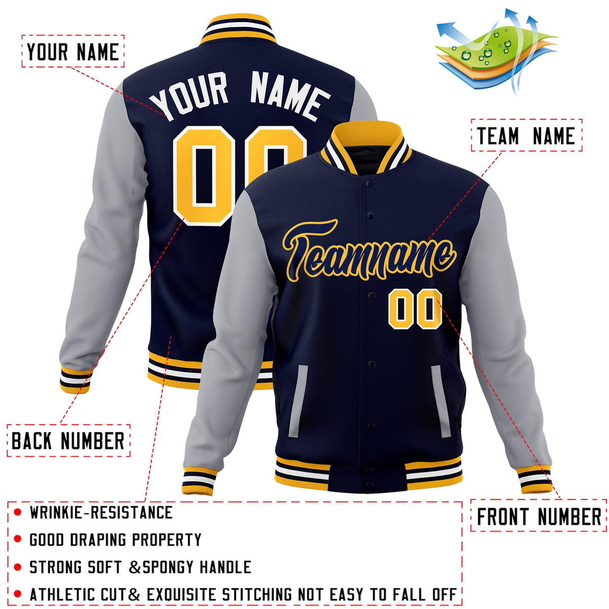 Custom Navy Navy-Yellow Raglan Sleeves Varsity Full-Snap Letterman Jacket