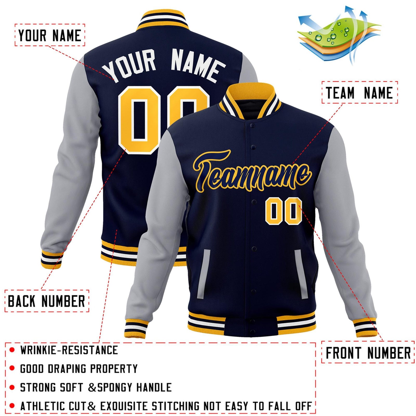 Custom Navy Navy-Yellow Raglan Sleeves Varsity Full-Snap Letterman Jacket