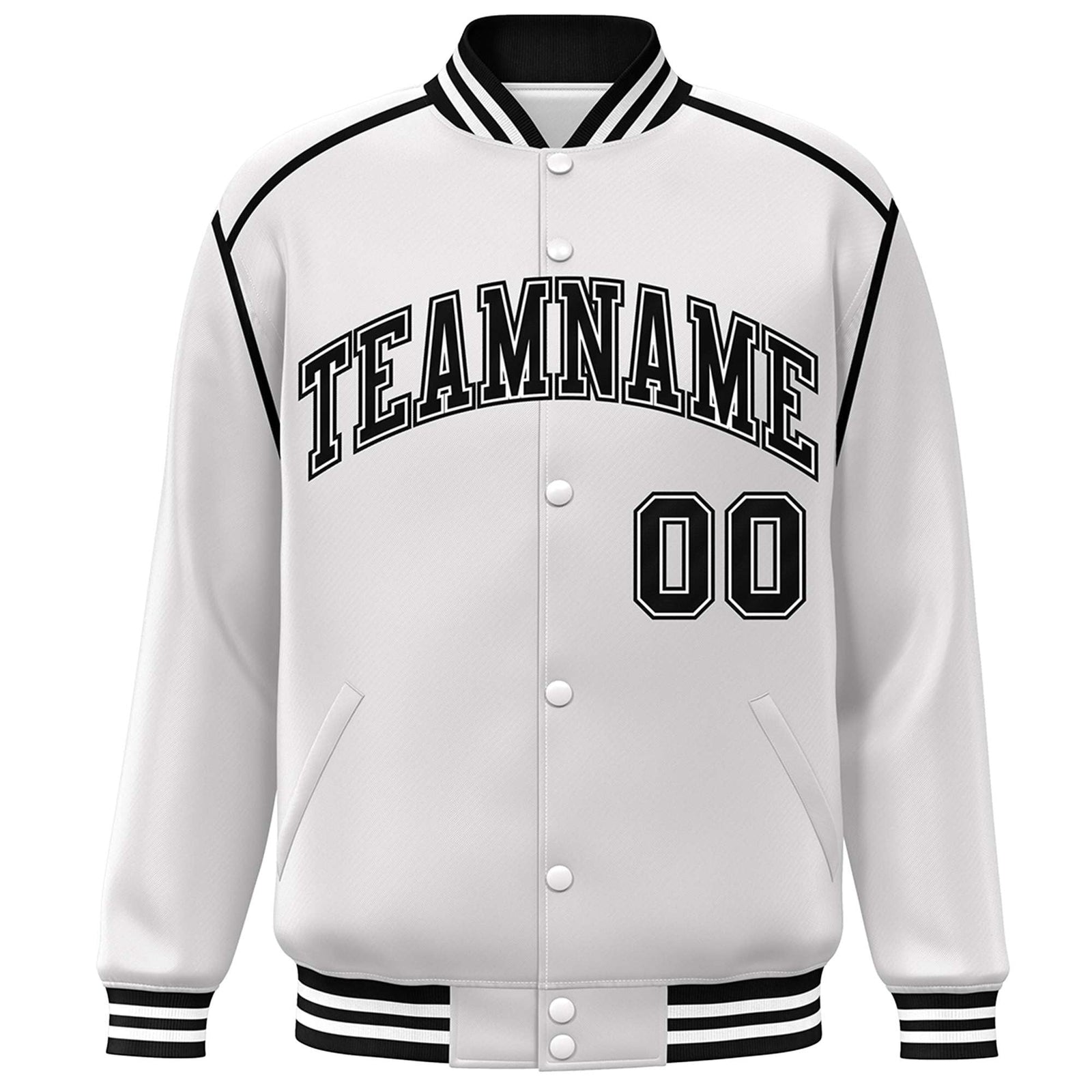 Custom White Black Color Block Ribbon Varsity Full-Snap Bomber Jacket