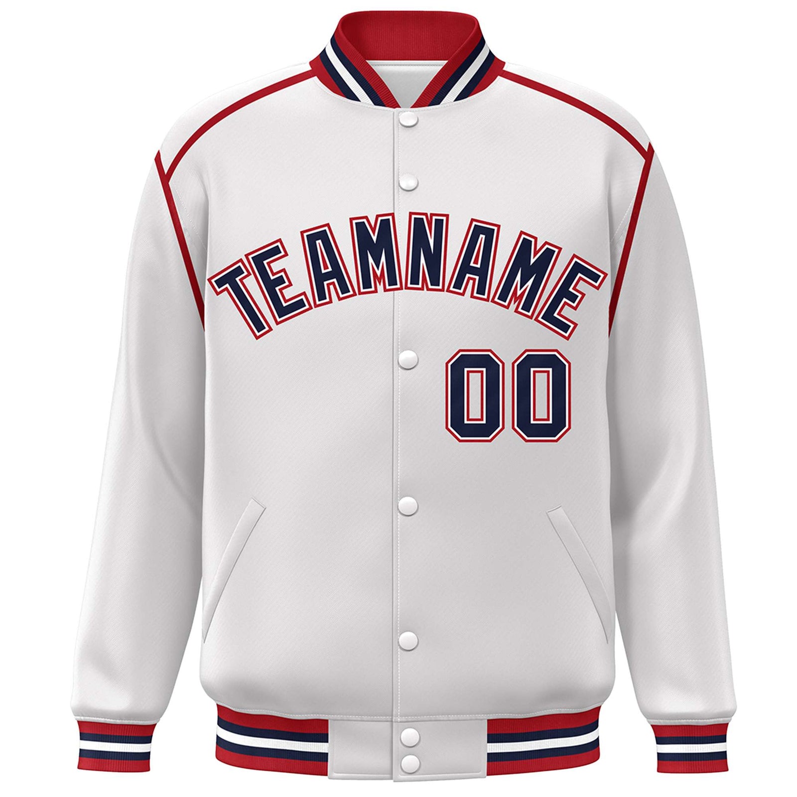 Custom White Navy-Red Color Block Ribbon Varsity Full-Snap Bomber Jacket