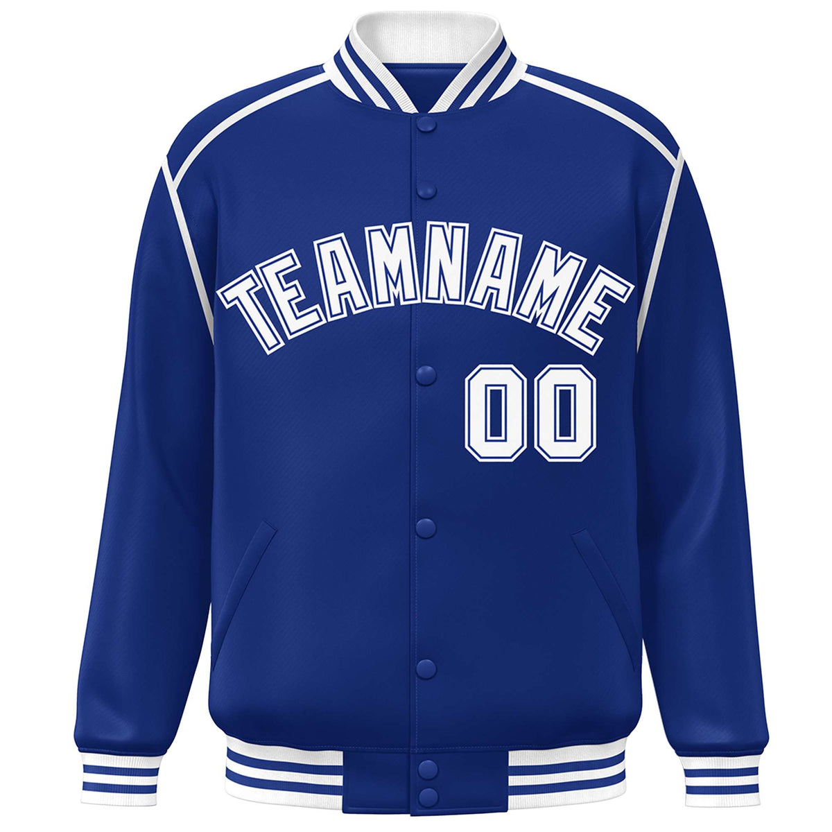 Custom Royal White Color Block Ribbon Varsity Full-Snap Bomber Jacket
