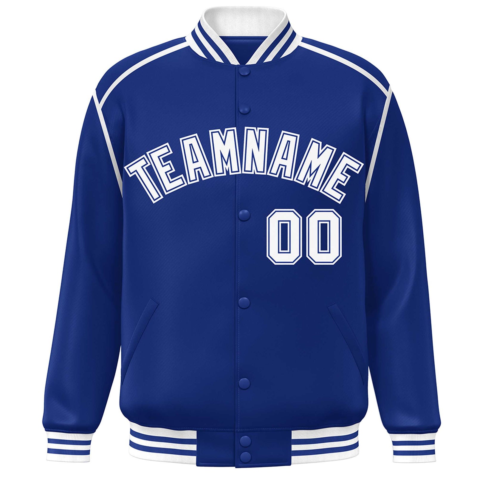 Custom Royal White Color Block Ribbon Varsity Full-Snap Bomber Jacket