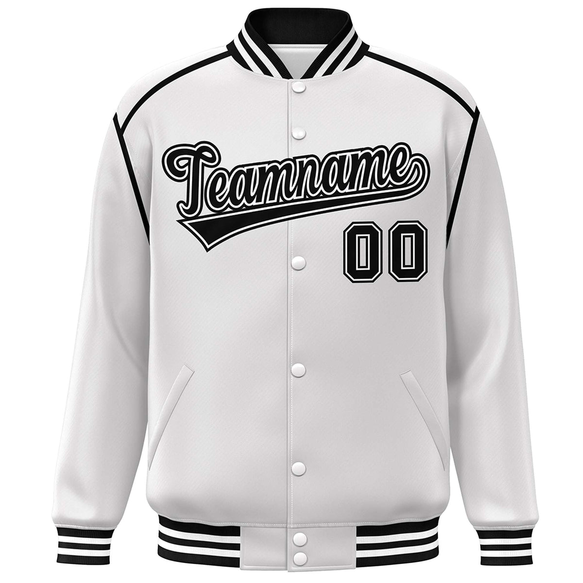 Custom White Black Color Block Ribbon Varsity Full-Snap Bomber Jacket