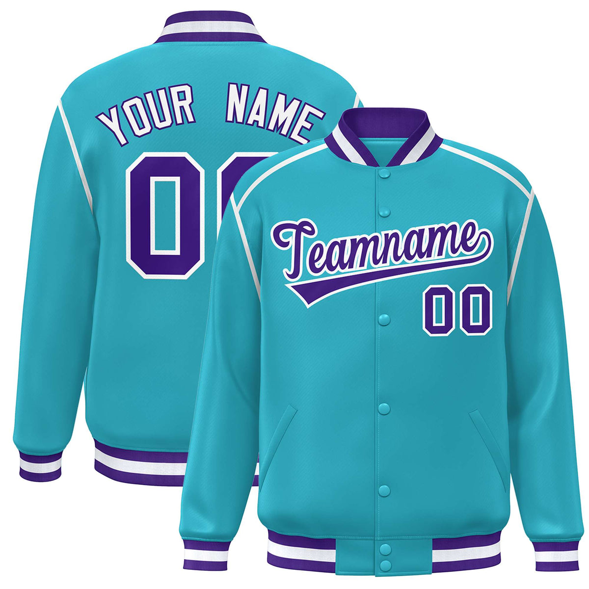 Custom Aqua Purple-White Color Block Ribbon Varsity Full-Snap Bomber Jacket