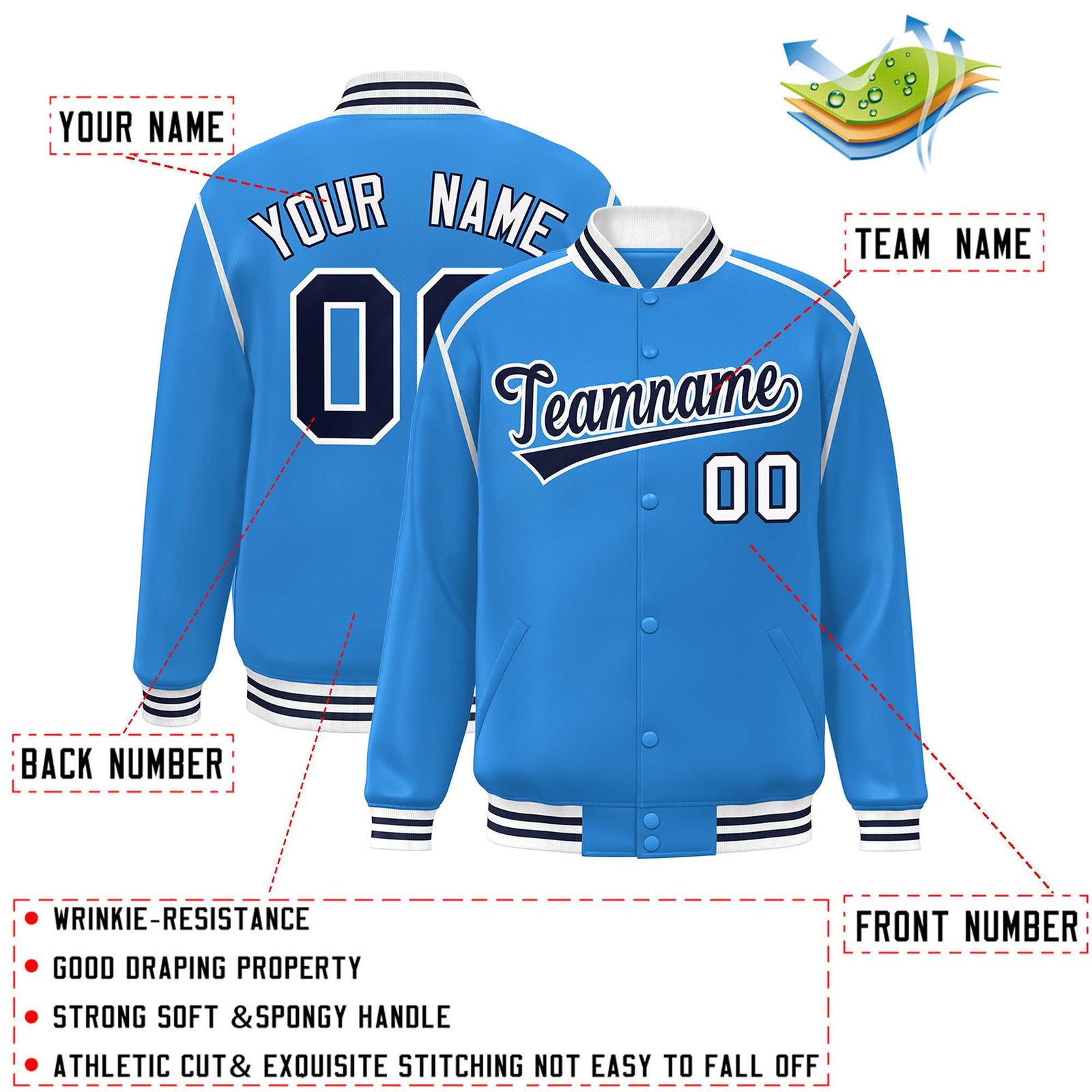 Custom Powder Blue Navy-White Color Block Ribbon Varsity Full-Snap Bomber Jacket