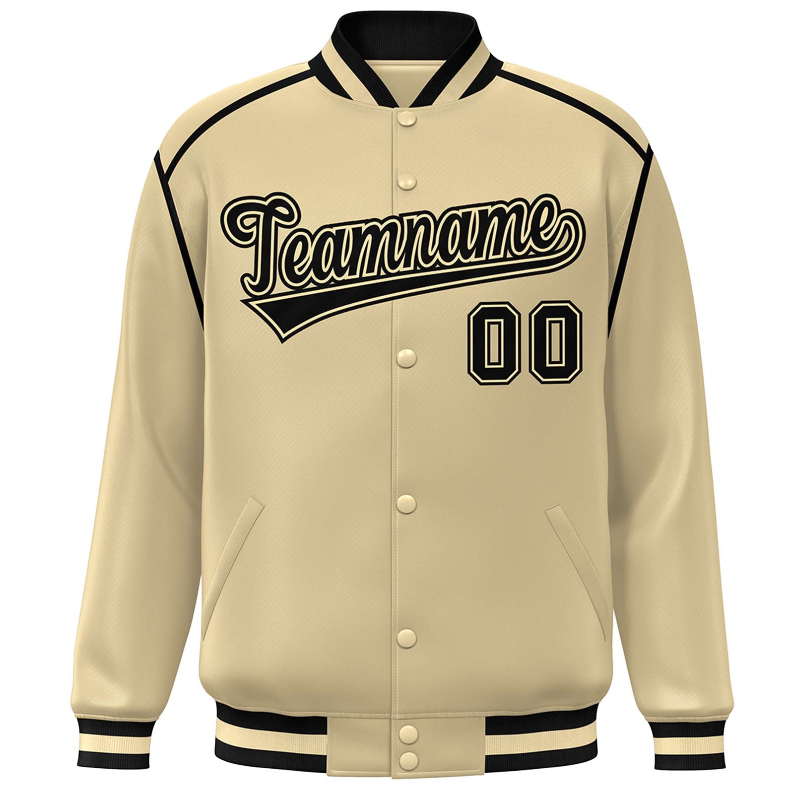 Custom Khaki Black Color Block Ribbon Varsity Full-Snap Bomber Jacket