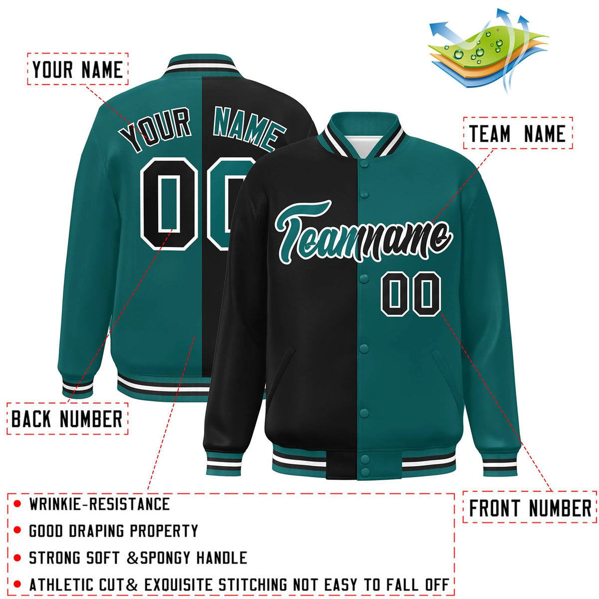 Custom Aqua Black-White Letterman Two Tone Split Fashion Varsity Full-Snap Jacket