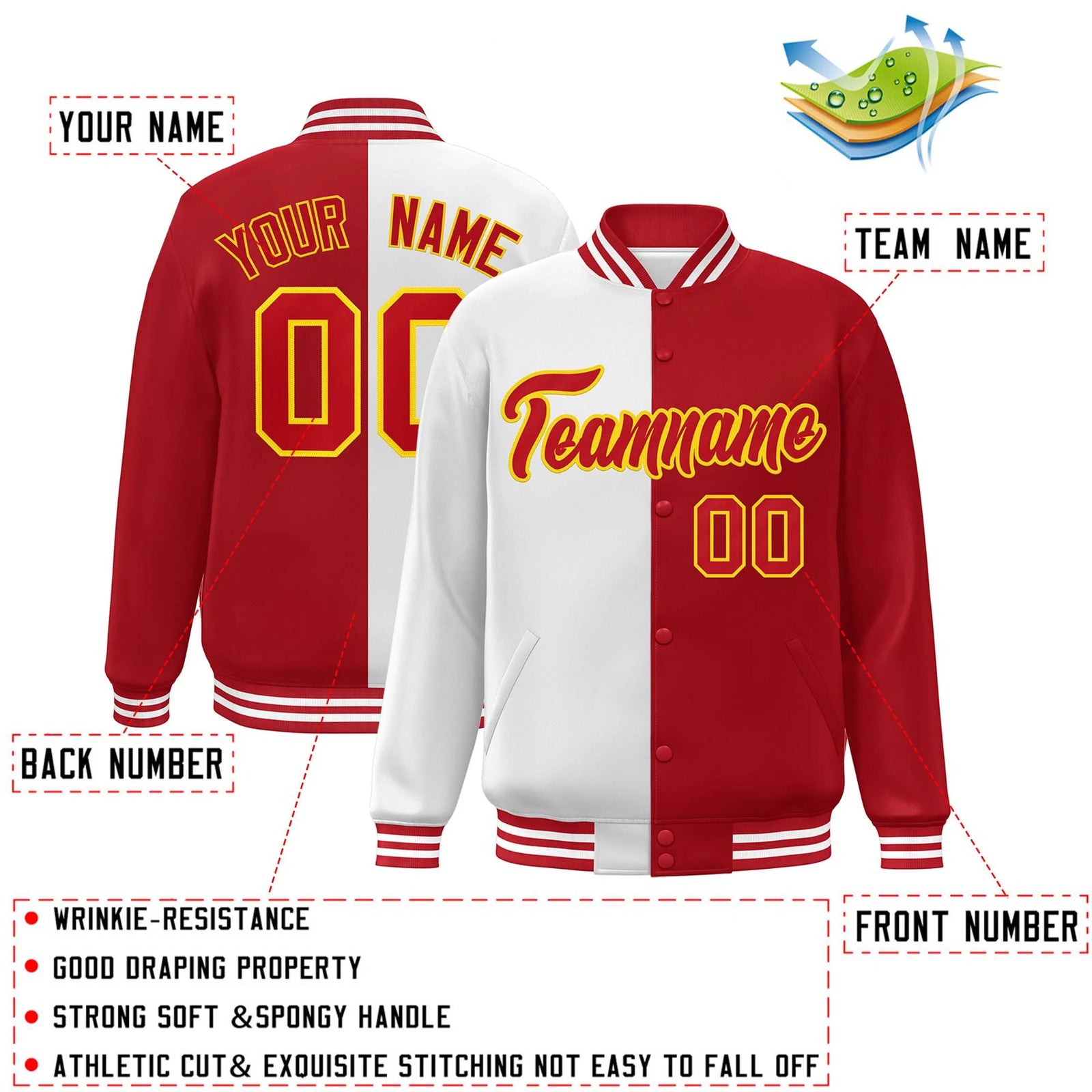 Custom Red White-Gold Letterman Two Tone Split Fashion Varsity Full-Snap Jacket