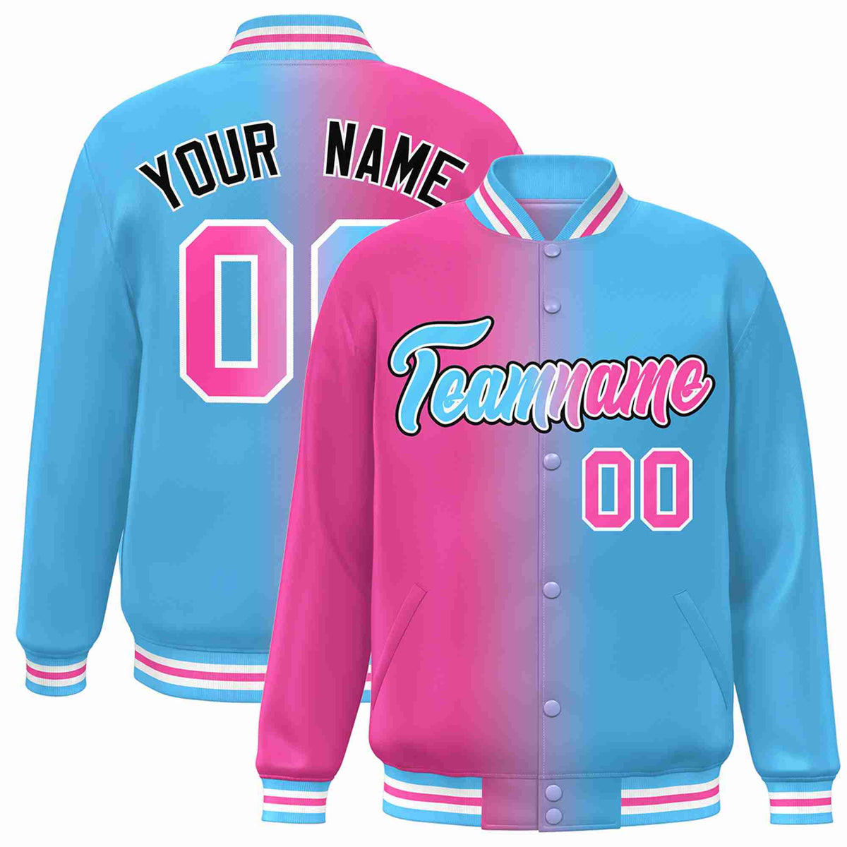 Custom Pink Powder Blue-Black Gradient Fashion Letterman Bomber Varsity Jacket