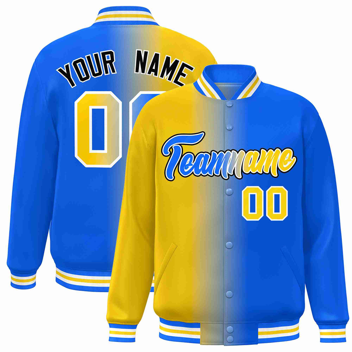 Custom Yellow Blue-White Gradient Fashion Letterman Bomber Varsity Jacket