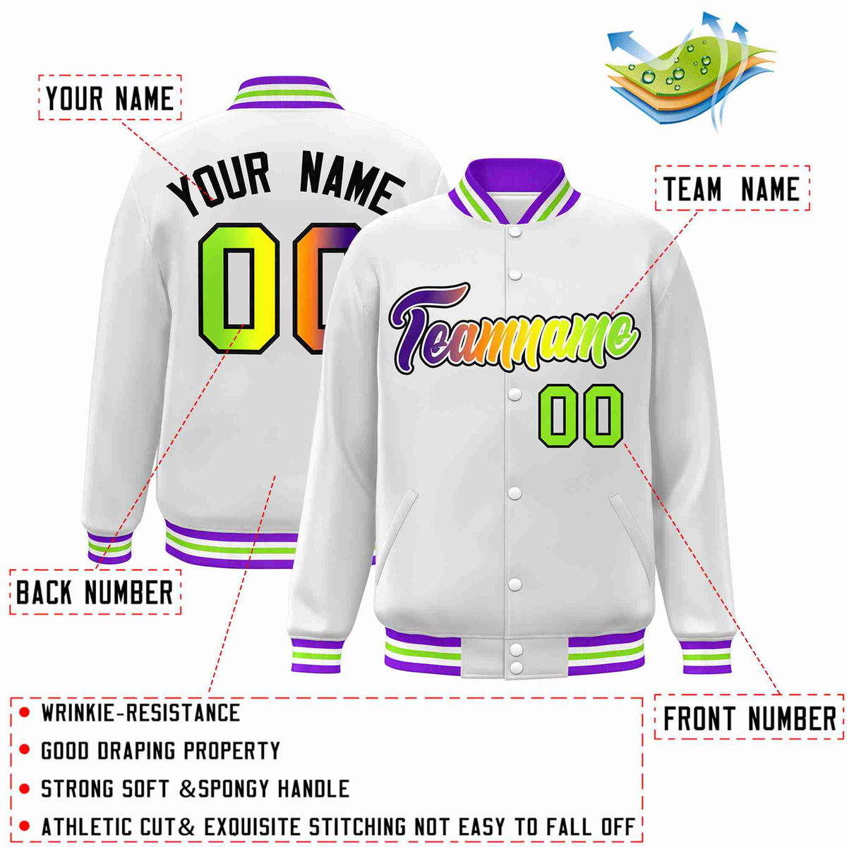 Custom White Purple-White Gradient Fashion Letterman Bomber Varsity Jacket