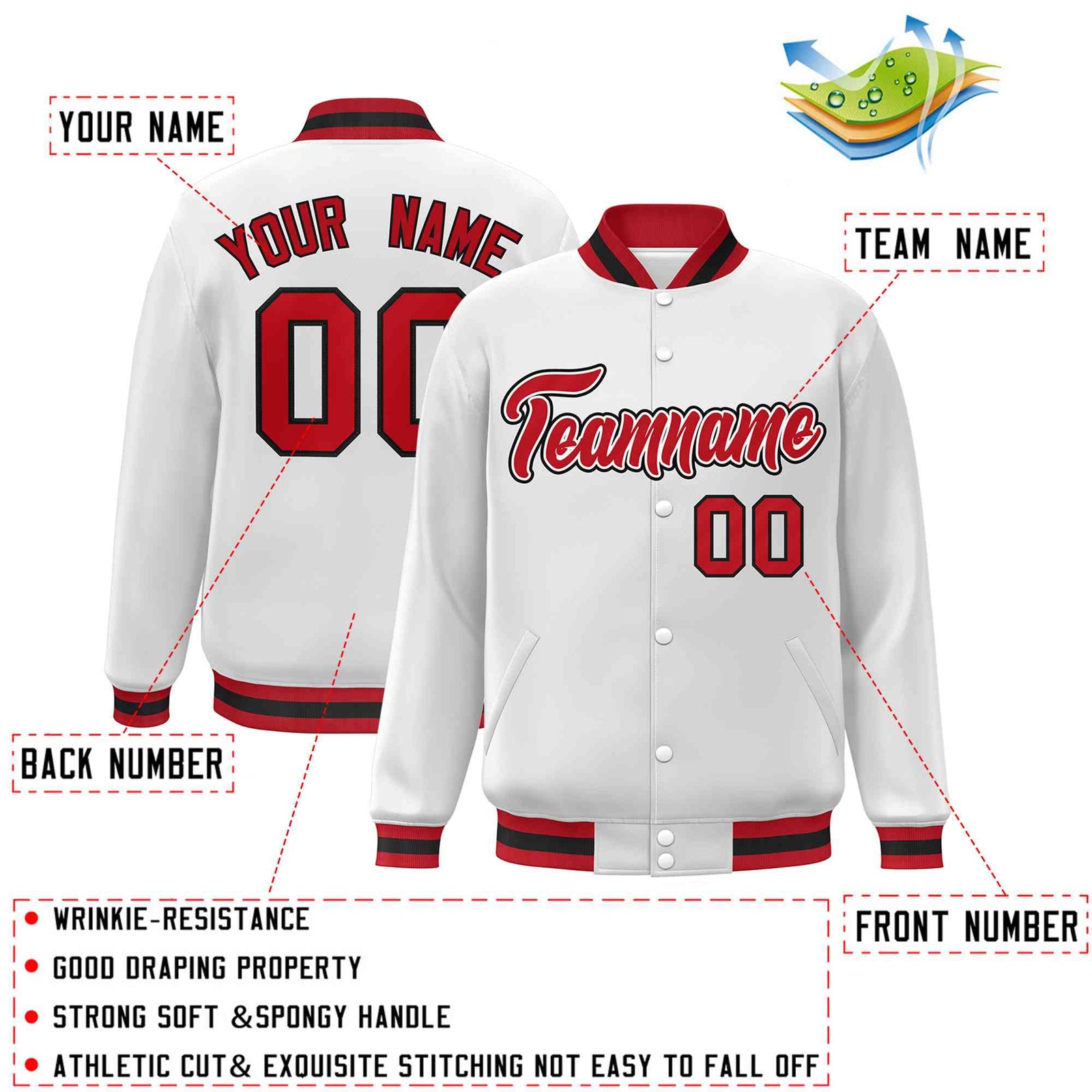 Custom White Red-White Classic Style Varsity Full-Snap Letterman Jacket