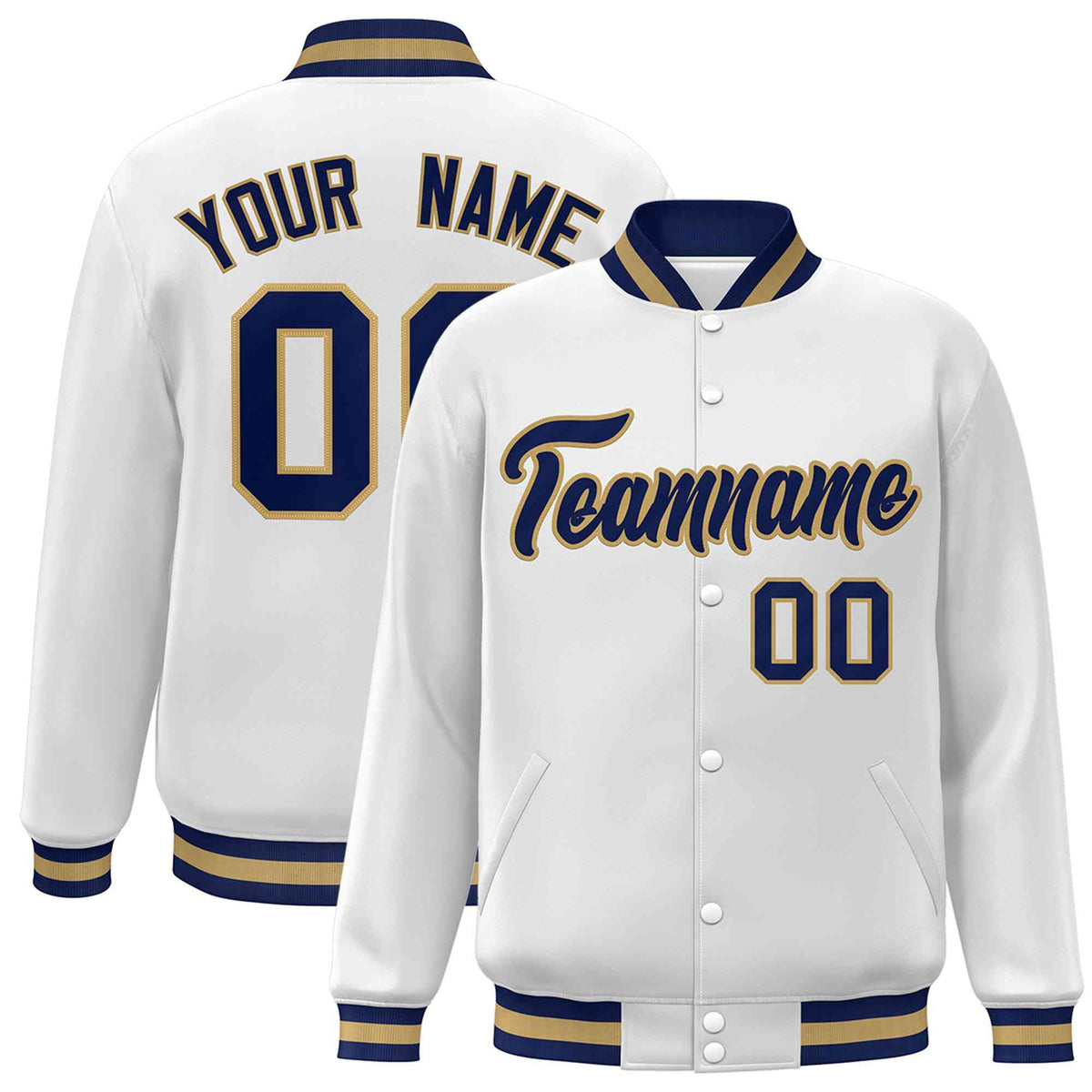 Custom White Navy-Old Gold Classic Style Varsity Full-Snap Letterman Jacket