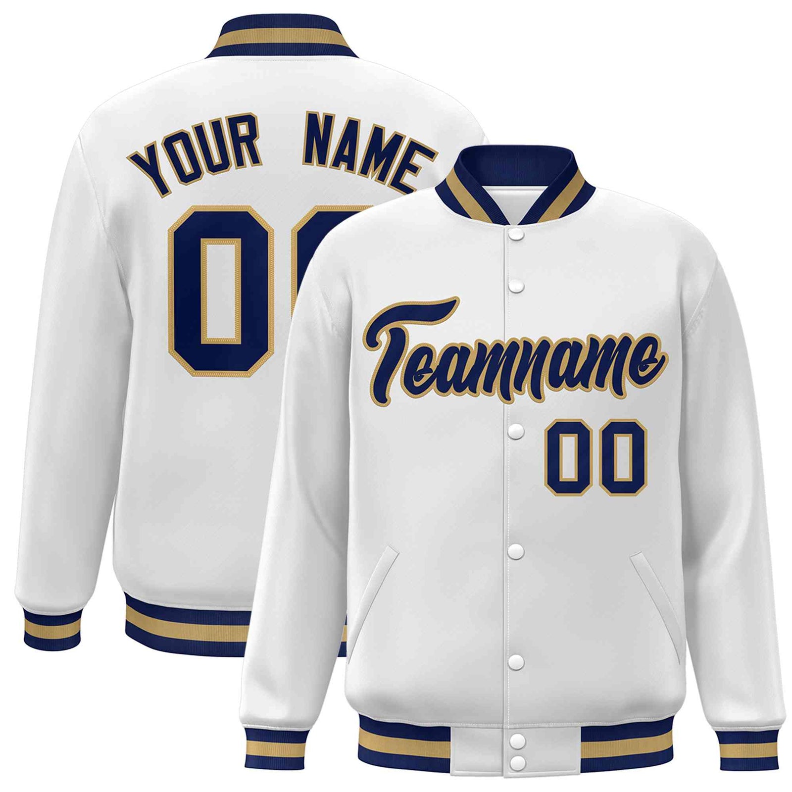 Custom White Navy-Old Gold Classic Style Varsity Full-Snap Letterman Jacket