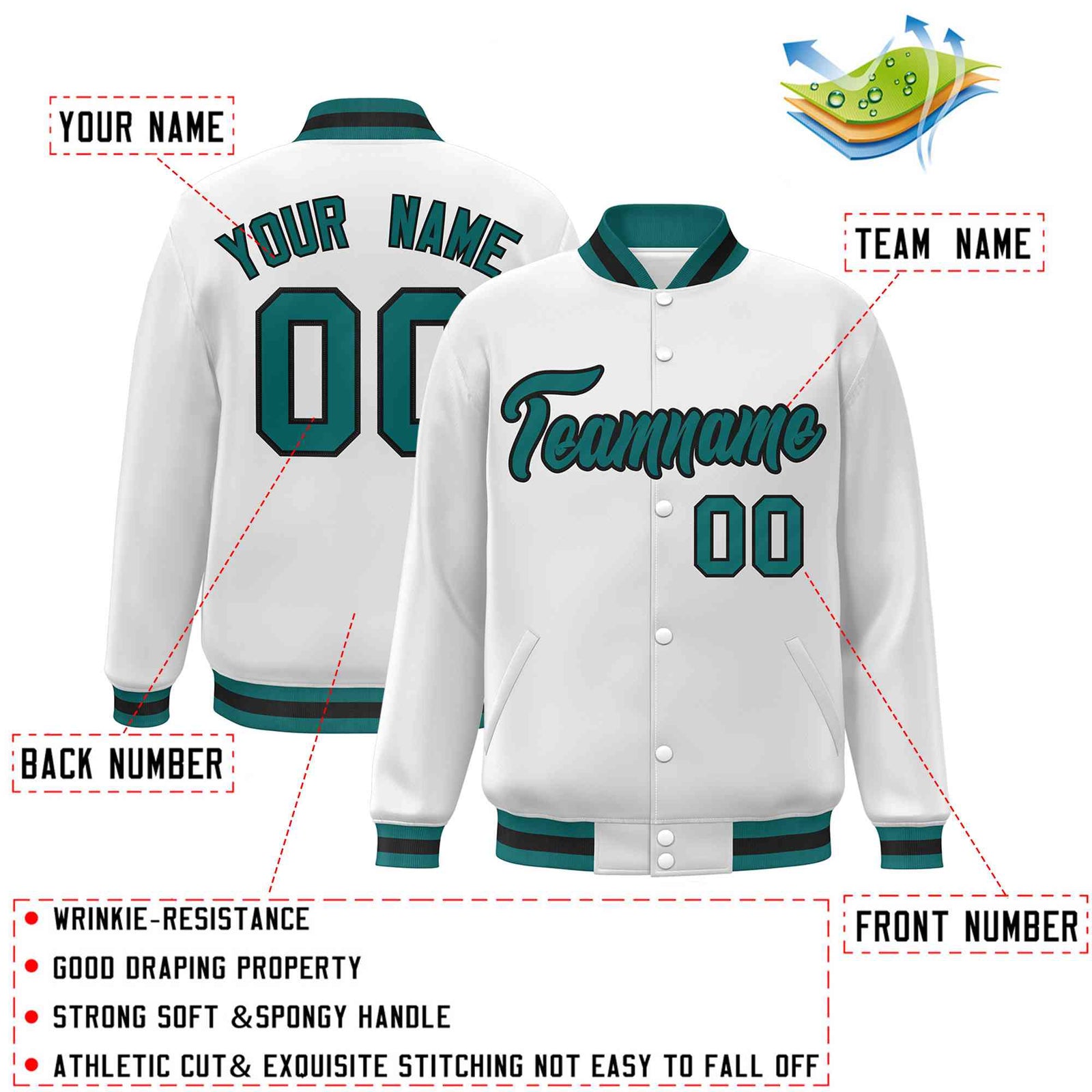 Custom White Aqua-Black Classic Style Varsity Full-Snap Letterman Jacket