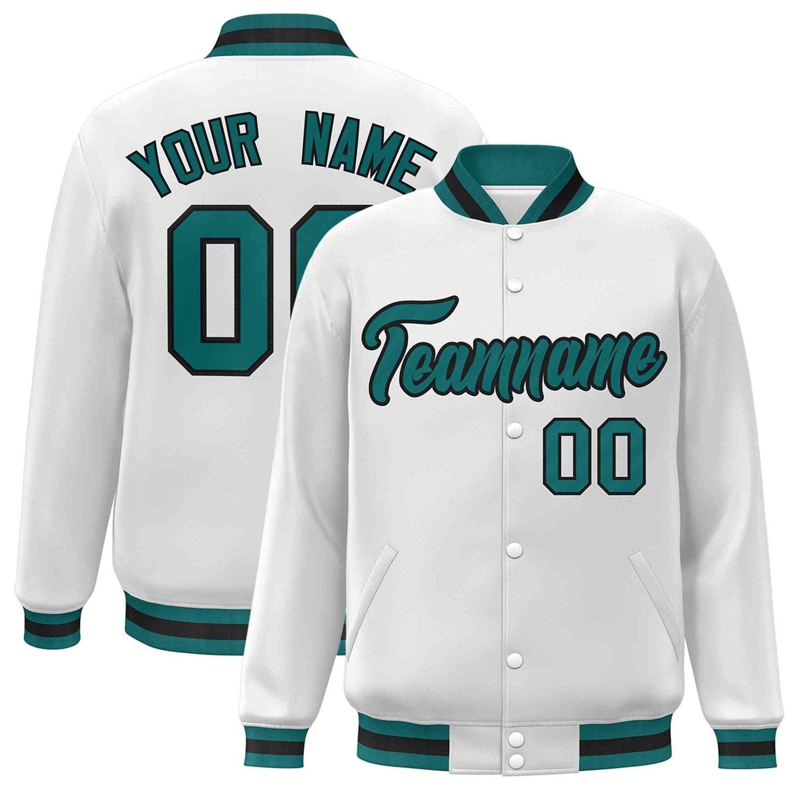 Custom White Aqua-Black Classic Style Varsity Full-Snap Letterman Jacket