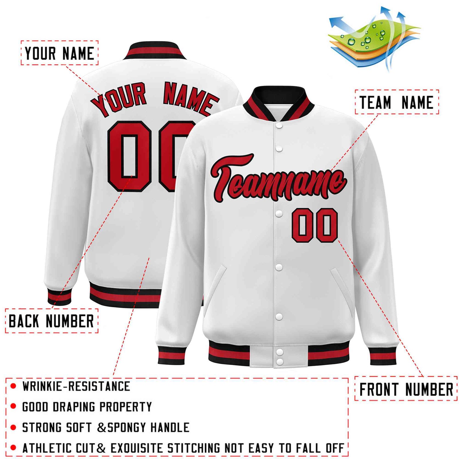 Custom White Red-Black Classic Style Varsity Full-Snap Letterman Jacket