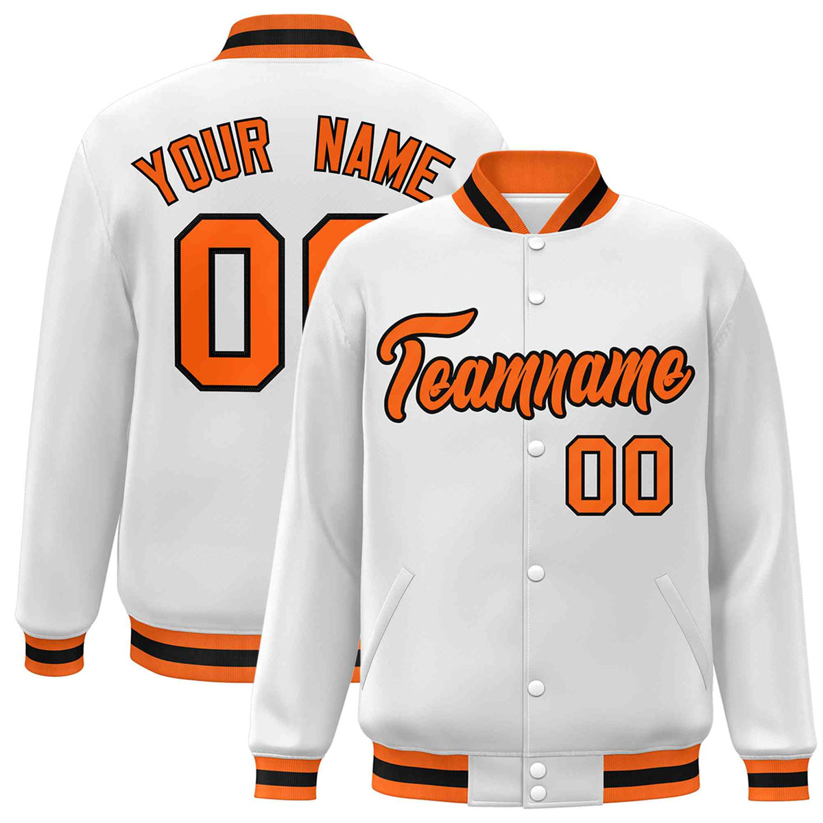 Custom White Orange-Black Classic Style Varsity Full-Snap Letterman Jacket