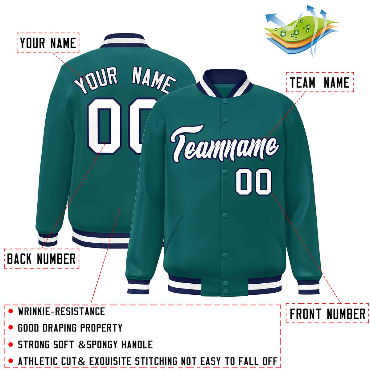 Custom Aqua White-Navy Classic Style Varsity Full-Snap Letterman Jacket