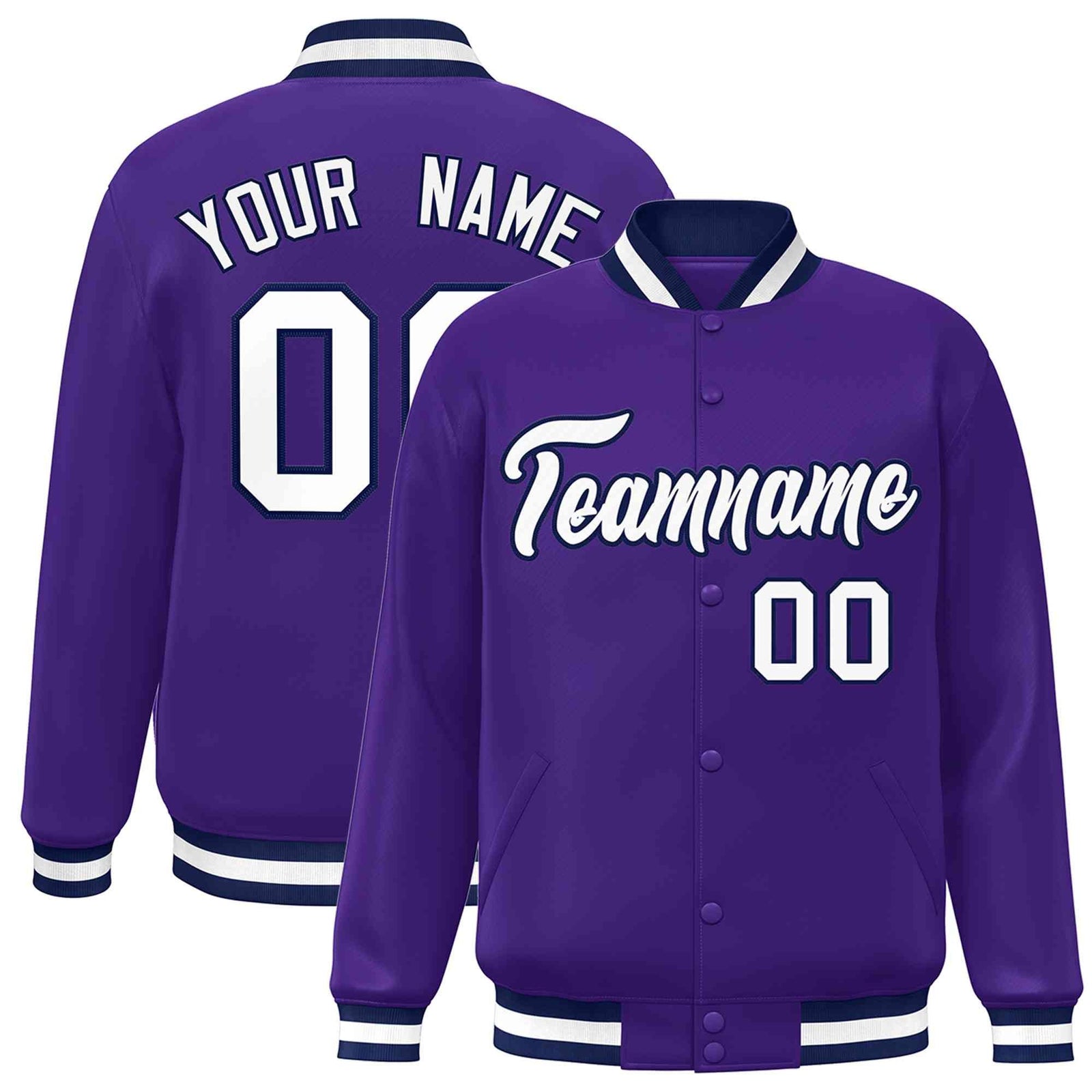 Custom Purple White-Navy Classic Style Varsity Full-Snap Letterman Jacket