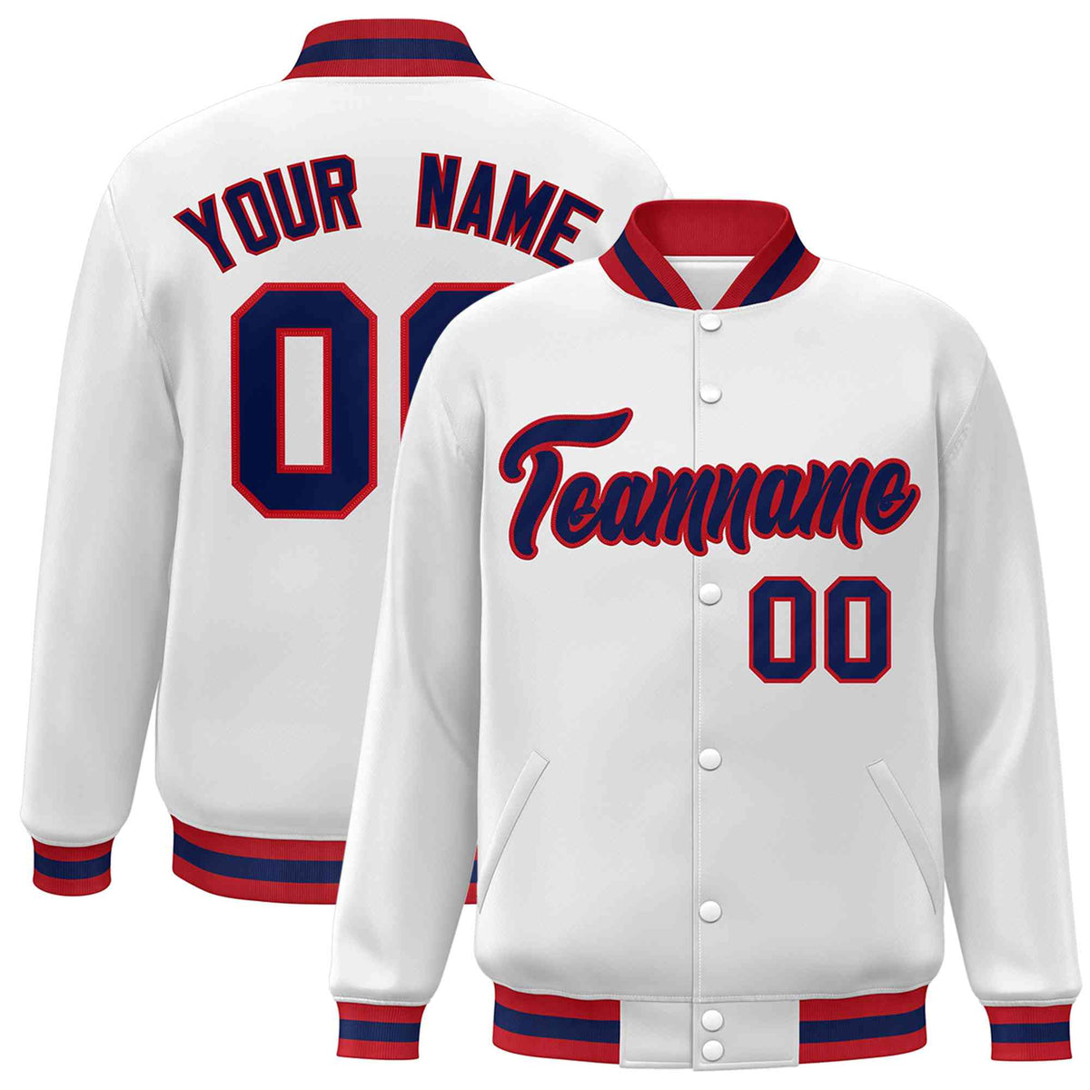 Custom White Navy-Red Classic Style Varsity Full-Snap Letterman Jacket