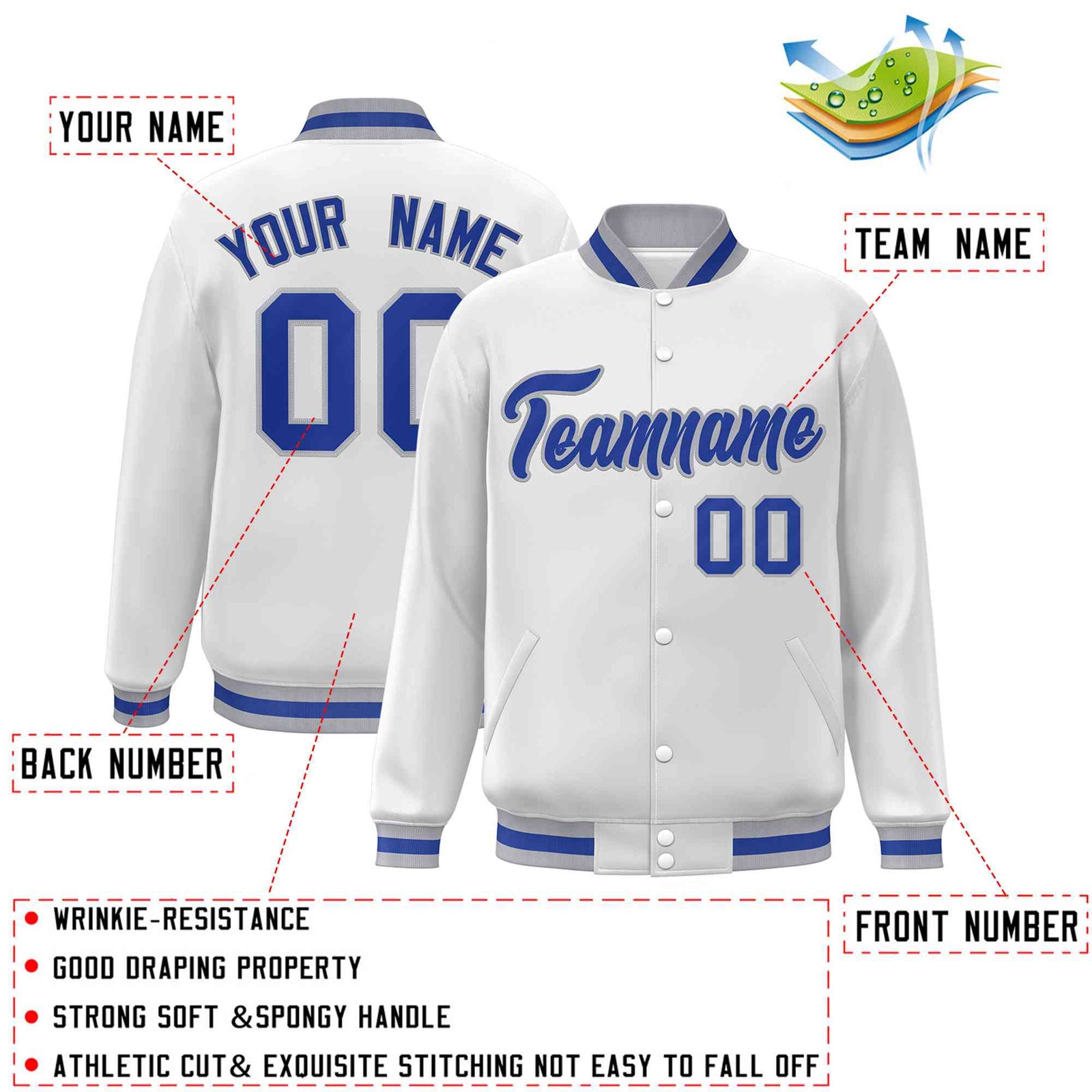 Custom White Royal-Gray Classic Style Varsity Full-Snap Letterman Jacket