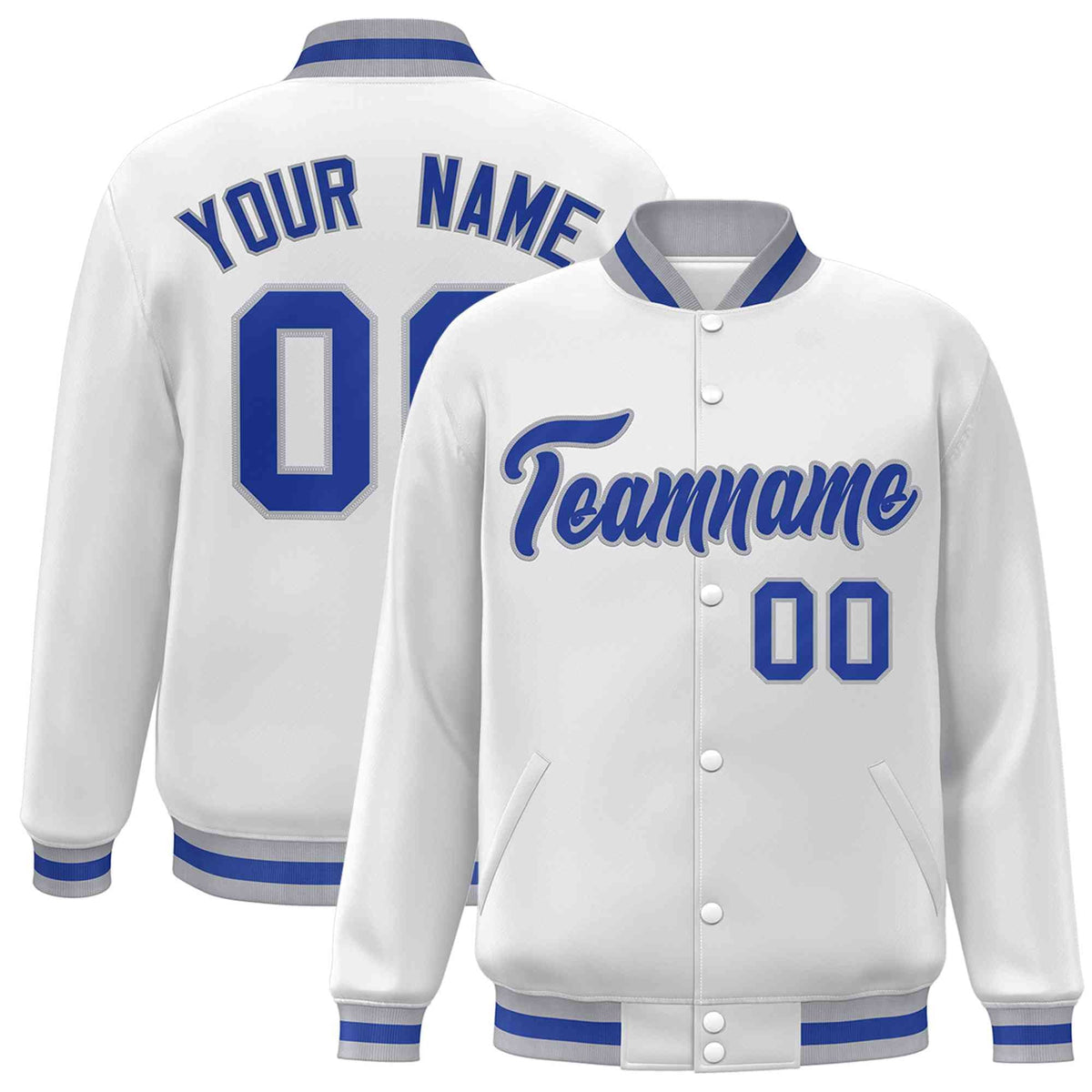 Custom White Royal-Gray Classic Style Varsity Full-Snap Letterman Jacket